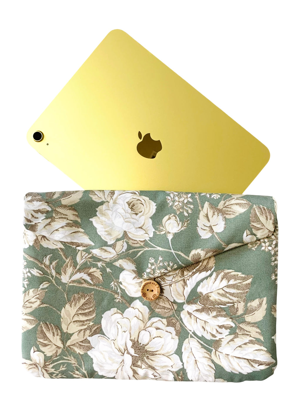 Sage Green Floral iPad Case, Handmade Large Travel Pouch
