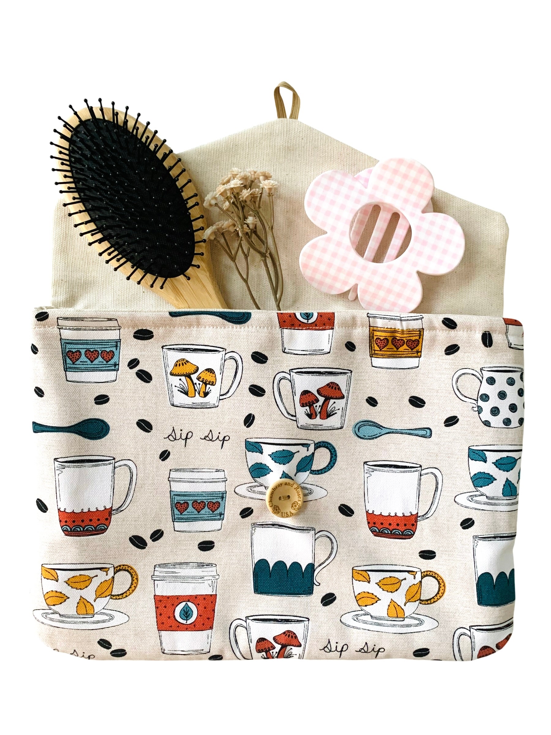 Mother’s Day Gift Set – Coffee-themed Travel Pouches, Handmade iPad & iPhone Case Bundle, Chambray And Roses