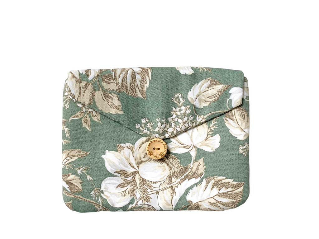 Sage Green Floral Pouch, Ivory Roses, Padded Digicam Case, French Button, Cosmetics Organizer