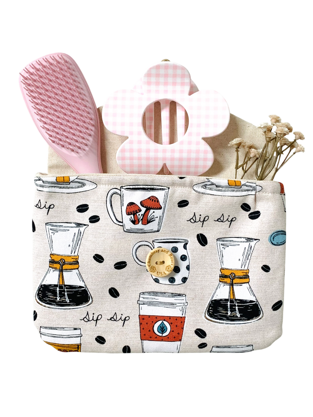Mother’s Day Gift Set – Coffee-themed Travel Pouches, Handmade iPad & iPhone Case Bundle, Chambray And Roses