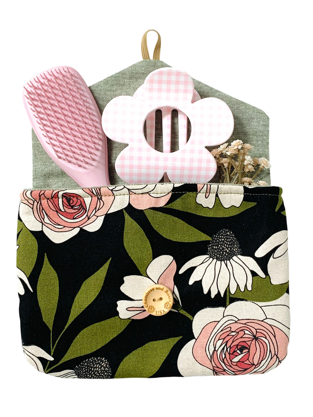 Olive Green Floral Pouch, Pink Roses, Padded Digicam Case, French Button, Cosmetics Organizer
