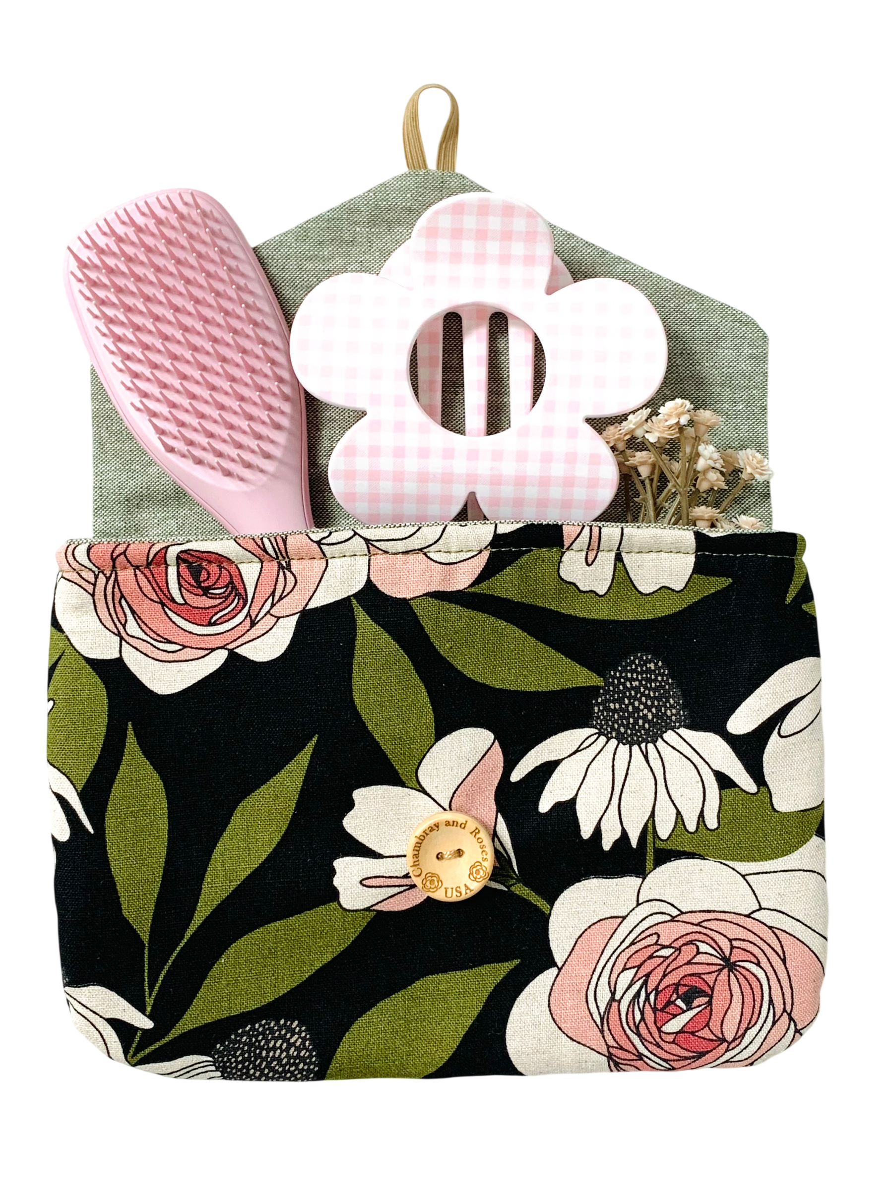 Olive Green Floral Pouch, Pink Roses, Padded Digicam Case, French Button, Cosmetics Organizer