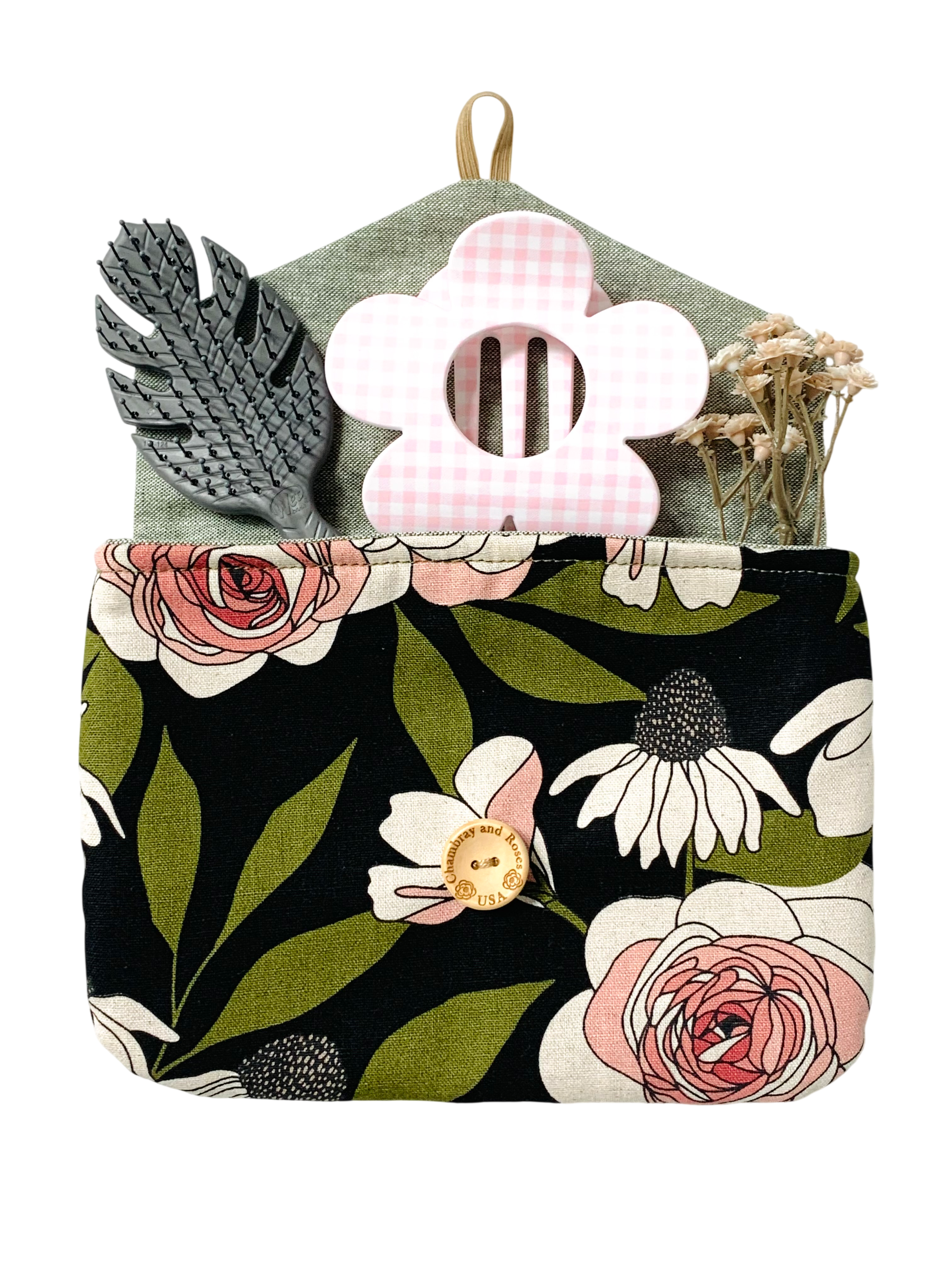 Olive Green Floral Pouch, Pink Roses, Padded Digicam Case, French Button, Cosmetics Organizer