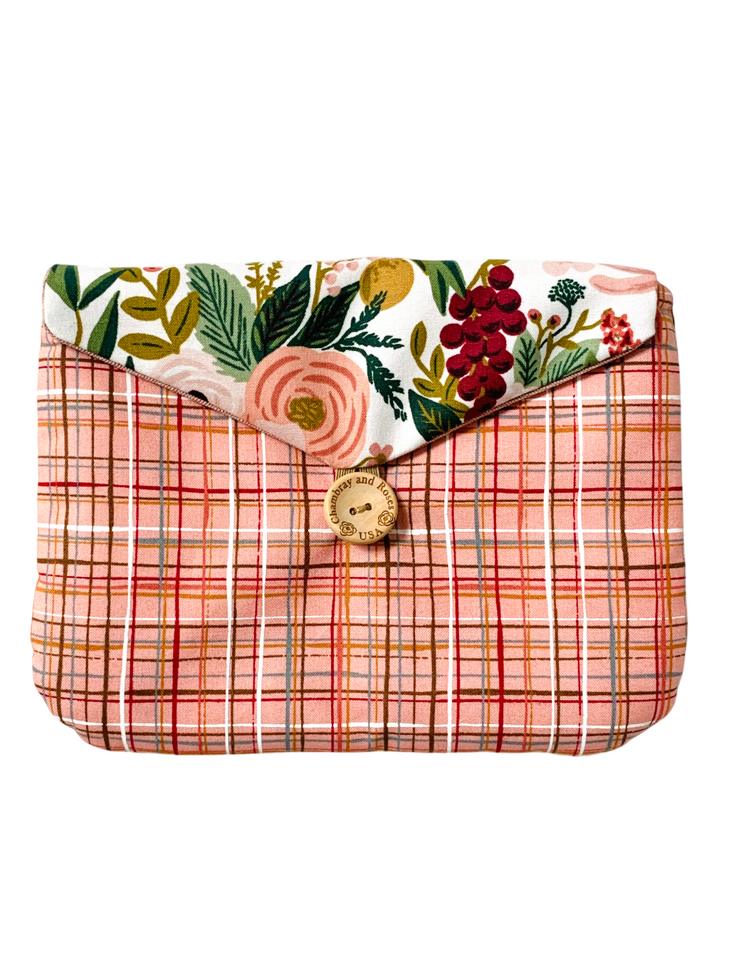 Orange Pink Plaid Floral Pouch, Padded Digicam Case, French Button, Cosmetics Organizer