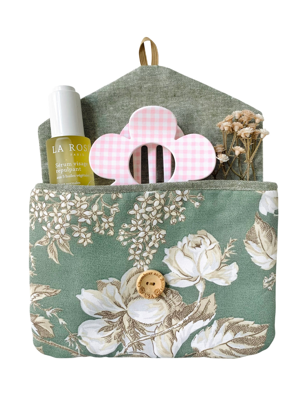 Mother’s Day Gift Set – Sage Green Floral Travel Pouches, Handmade iPad & iPhone Case Bundle, Chambray And Roses
