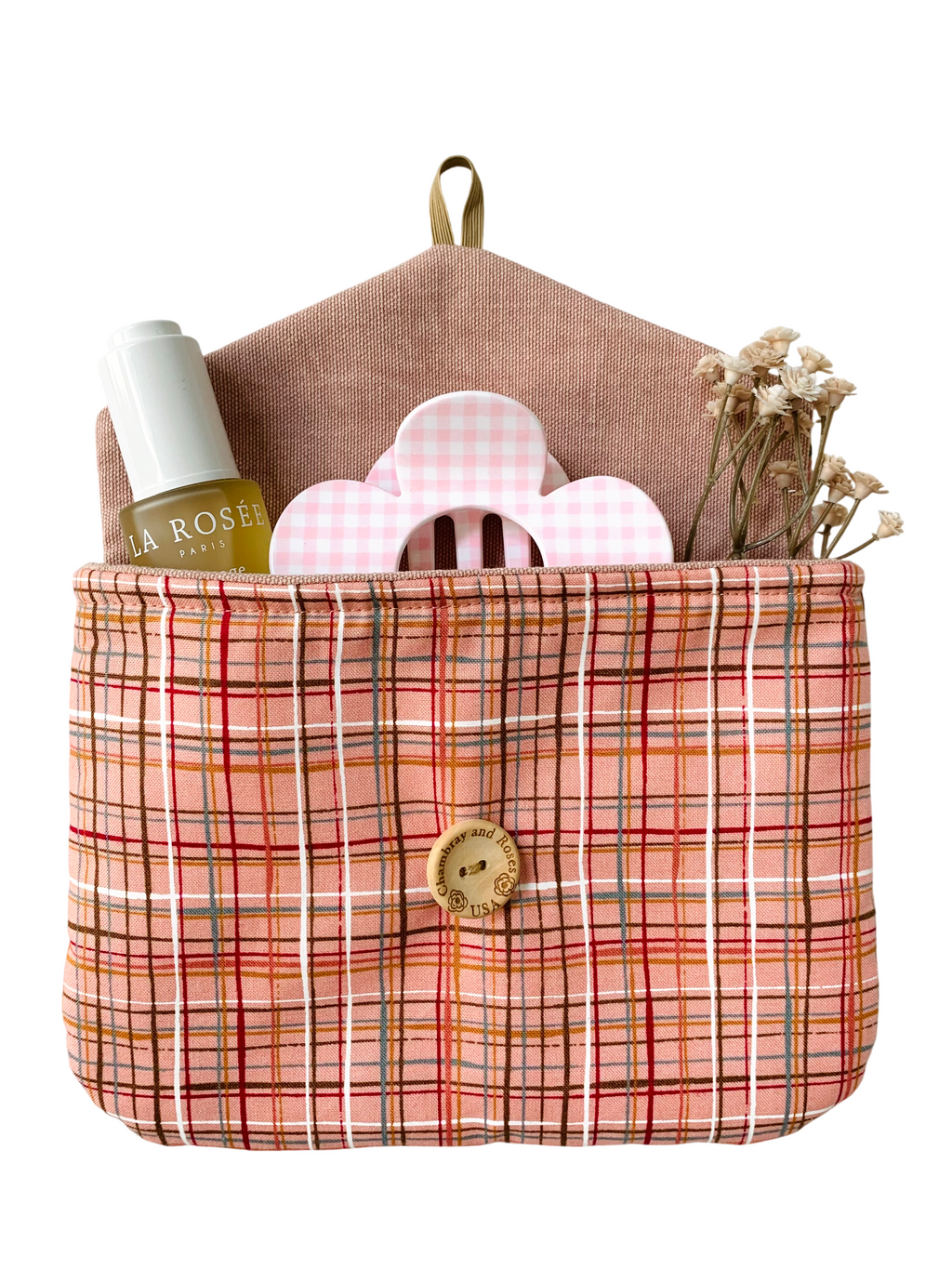 Orange Pink Plaid Floral Pouch, Padded Digicam Case, French Button, Cosmetics Organizer