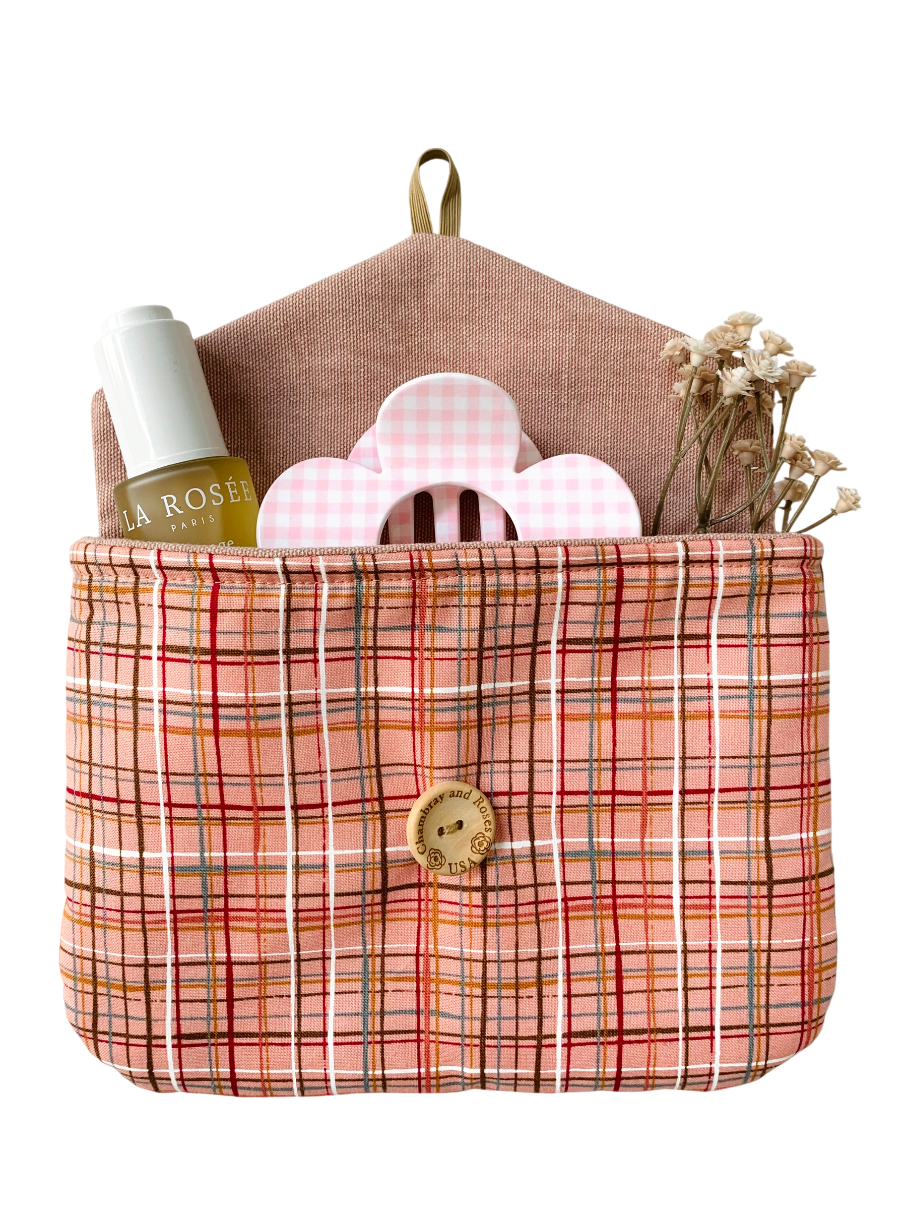 Orange Pink Plaid Floral Pouch, Padded Digicam Case, French Button, Cosmetics Organizer