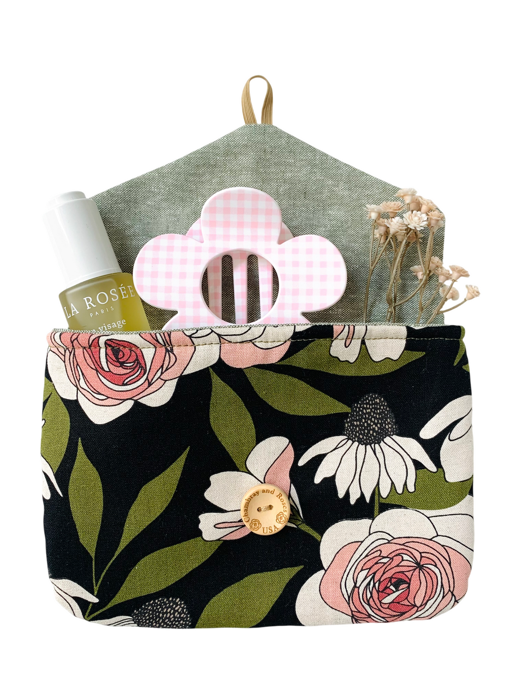 Olive Green Floral Pouch, Pink Roses, Padded Digicam Case, French Button, Cosmetics Organizer
