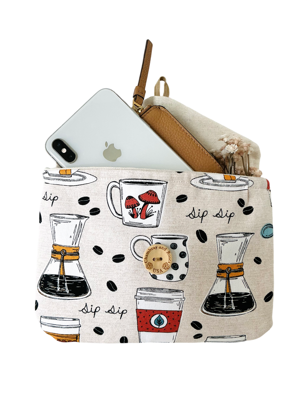 Mother’s Day Gift Set – Coffee-themed Travel Pouches, Handmade iPad & iPhone Case Bundle, Chambray And Roses