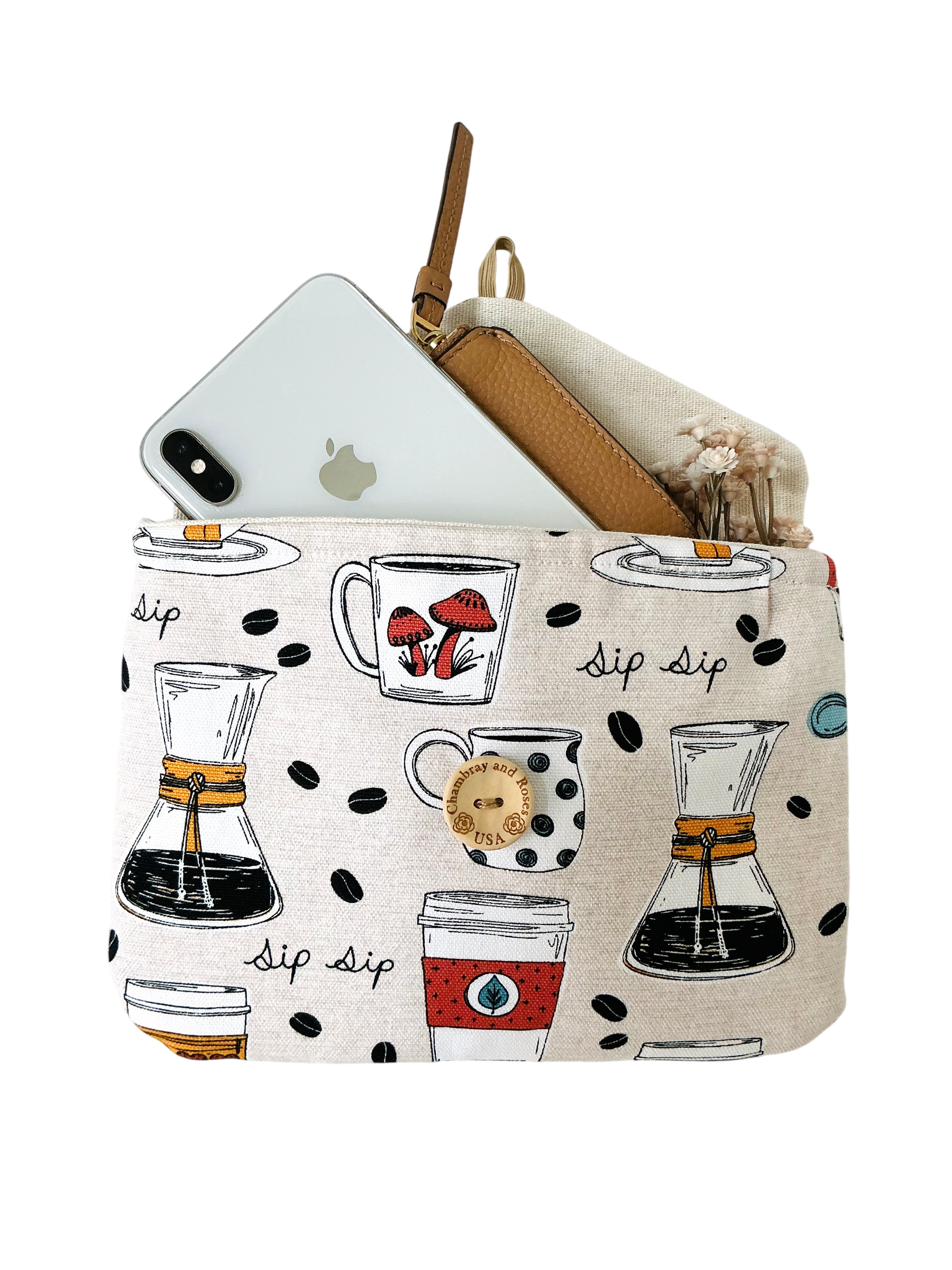 Mother’s Day Gift Set – Coffee-themed Travel Pouches, Handmade iPad & iPhone Case Bundle, Chambray And Roses