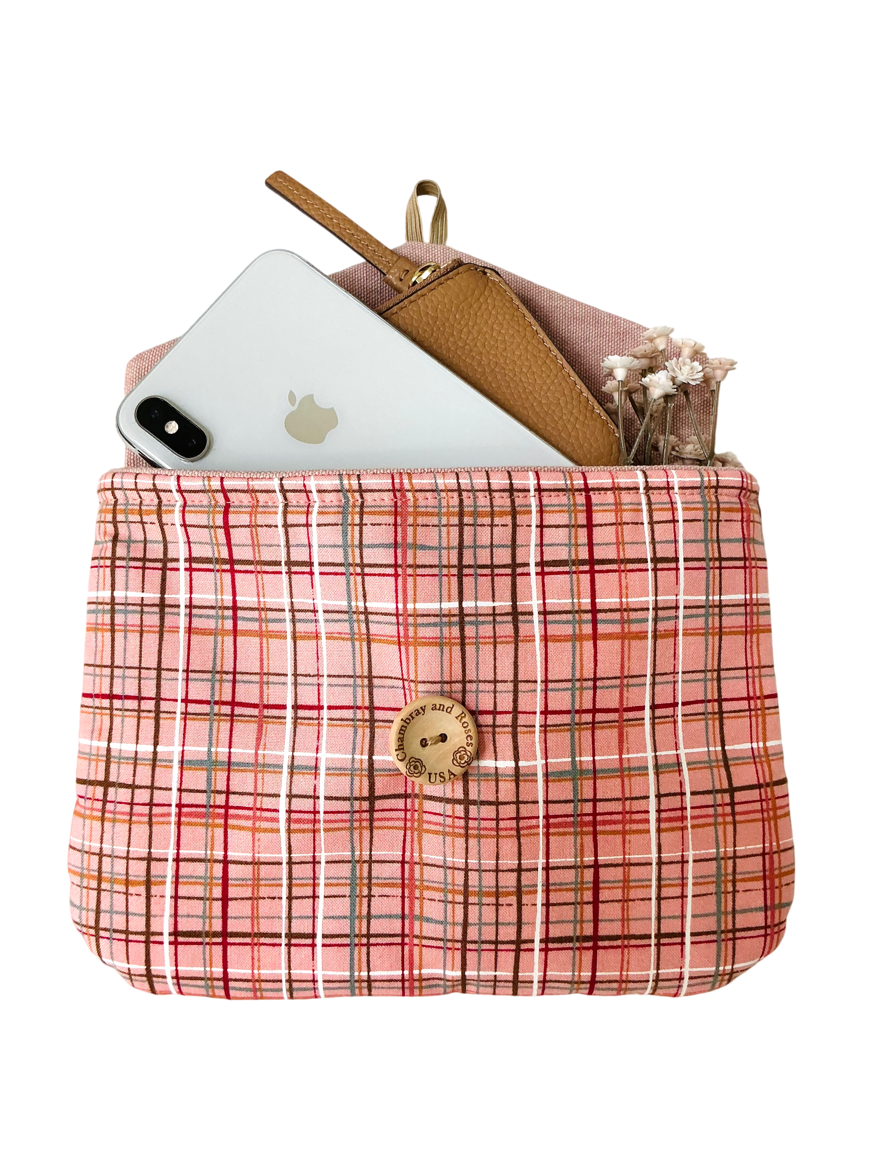 Orange Pink Plaid Floral Pouch, Padded Digicam Case, French Button, Cosmetics Organizer