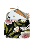 Olive Green Floral Pouch, Pink Roses, Padded Digicam Case, French Button, Cosmetics Organizer