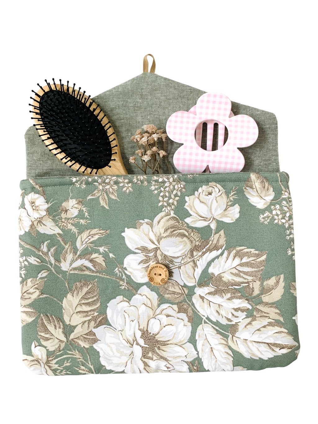 Mother’s Day Gift Set – Sage Green Floral Travel Pouches, Handmade iPad & iPhone Case Bundle, Chambray And Roses