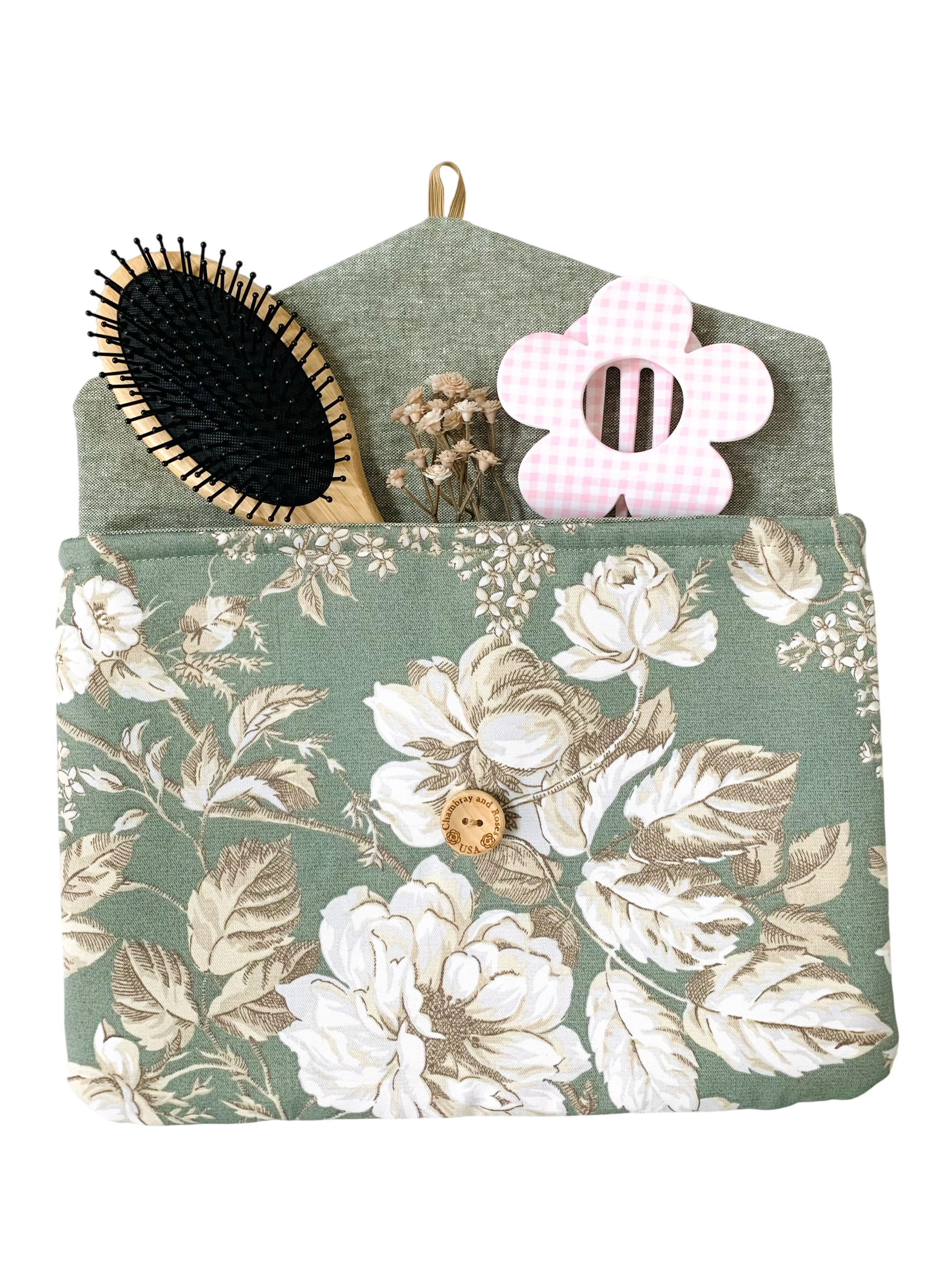 Mother’s Day Gift Set – Sage Green Floral Travel Pouches, Handmade iPad & iPhone Case Bundle, Chambray And Roses