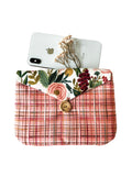 Orange Pink Plaid Floral Pouch, Padded Digicam Case, French Button, Cosmetics Organizer