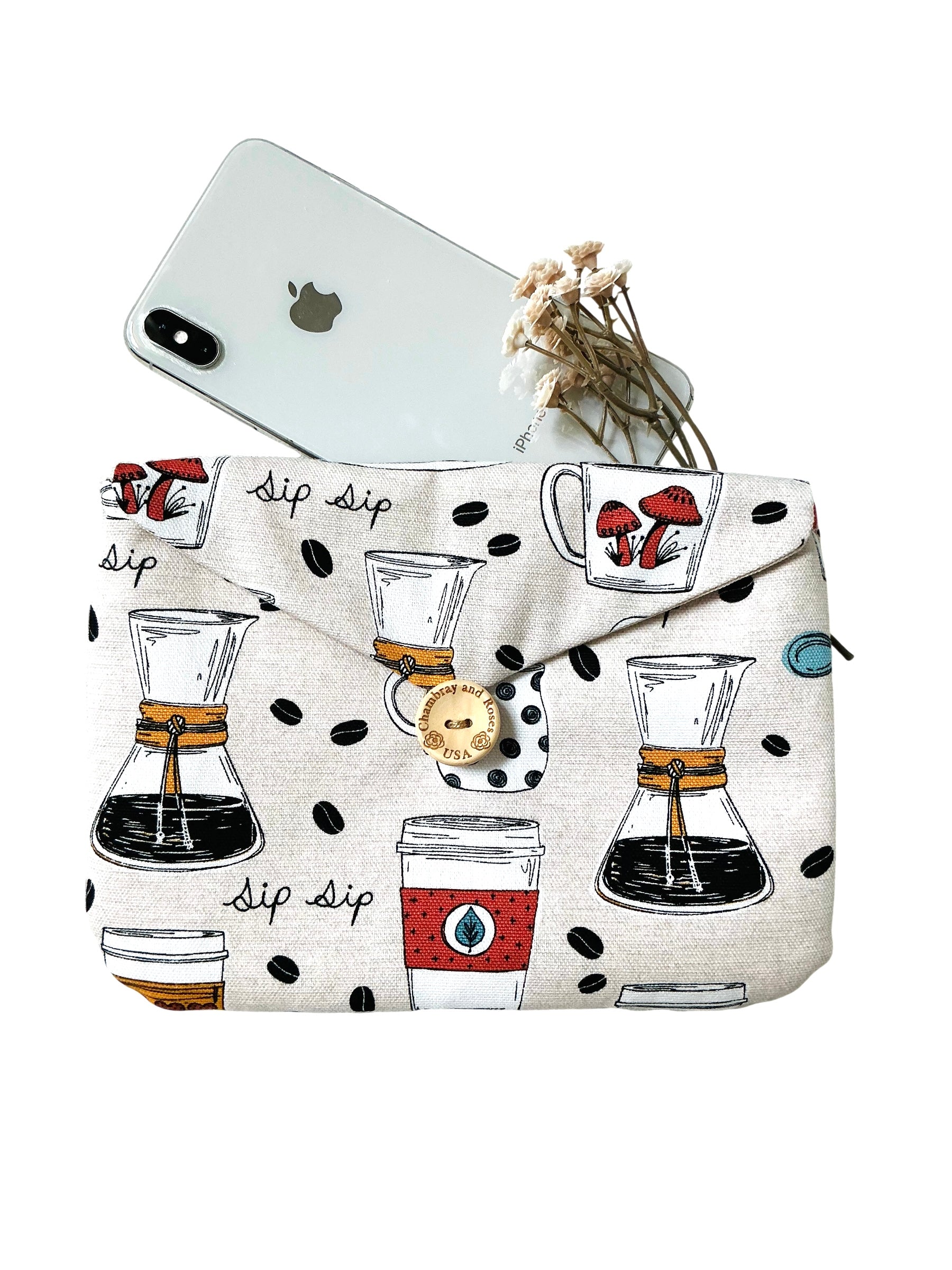 Mother’s Day Gift Set – Coffee-themed Travel Pouches, Handmade iPad & iPhone Case Bundle, Chambray And Roses