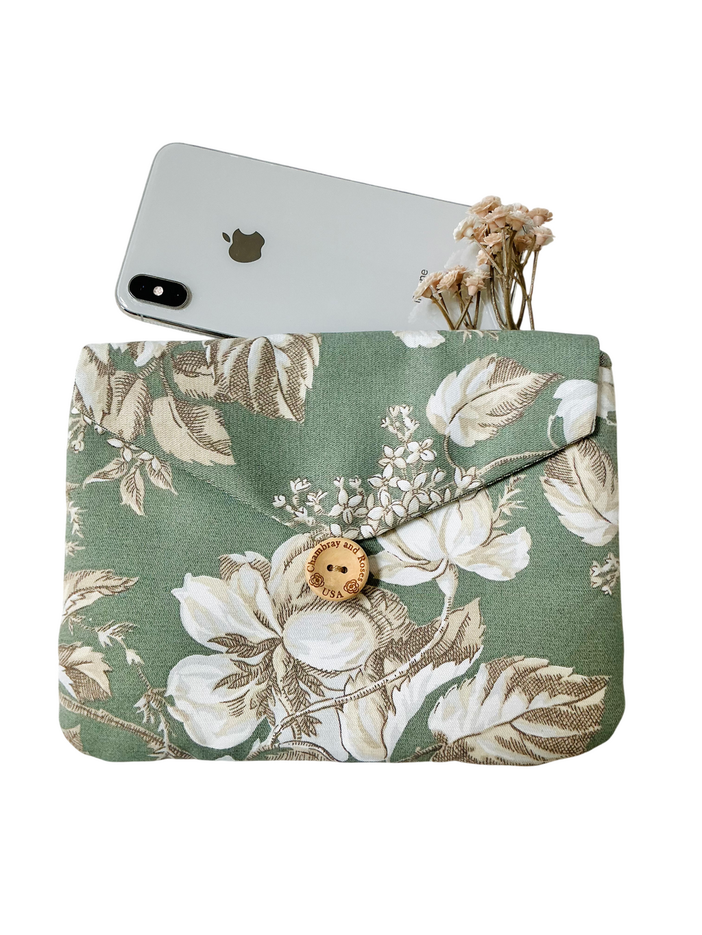 Mother’s Day Gift Set – Sage Green Floral Travel Pouches, Handmade iPad & iPhone Case Bundle, Chambray And Roses