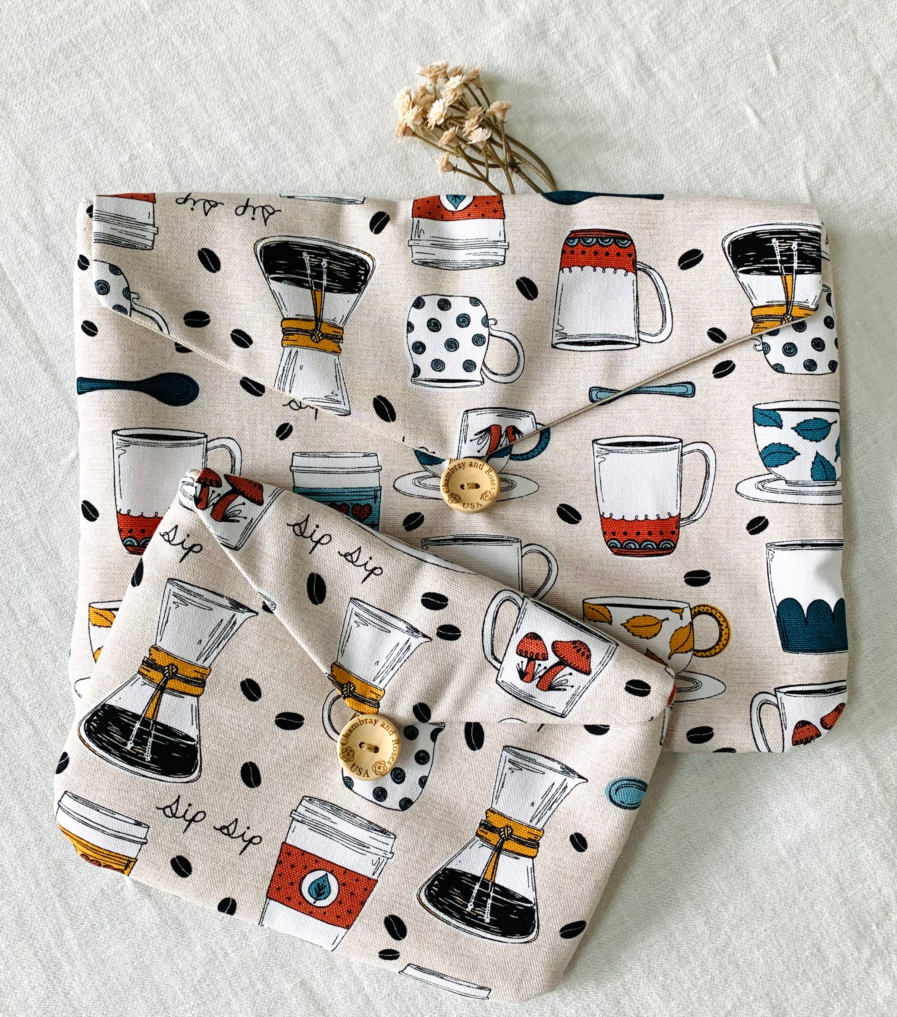 Mother’s Day Gift Set – Coffee-themed Travel Pouches, Handmade iPad & iPhone Case Bundle, Chambray And Roses