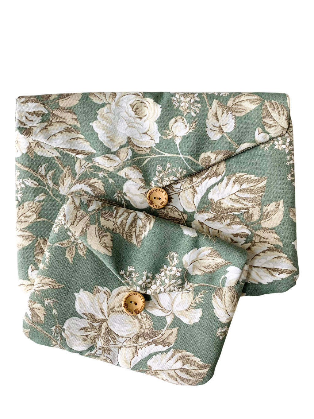 Mother’s Day Gift Set – Sage Green Floral Travel Pouches, Handmade iPad & iPhone Case Bundle, Chambray And Roses