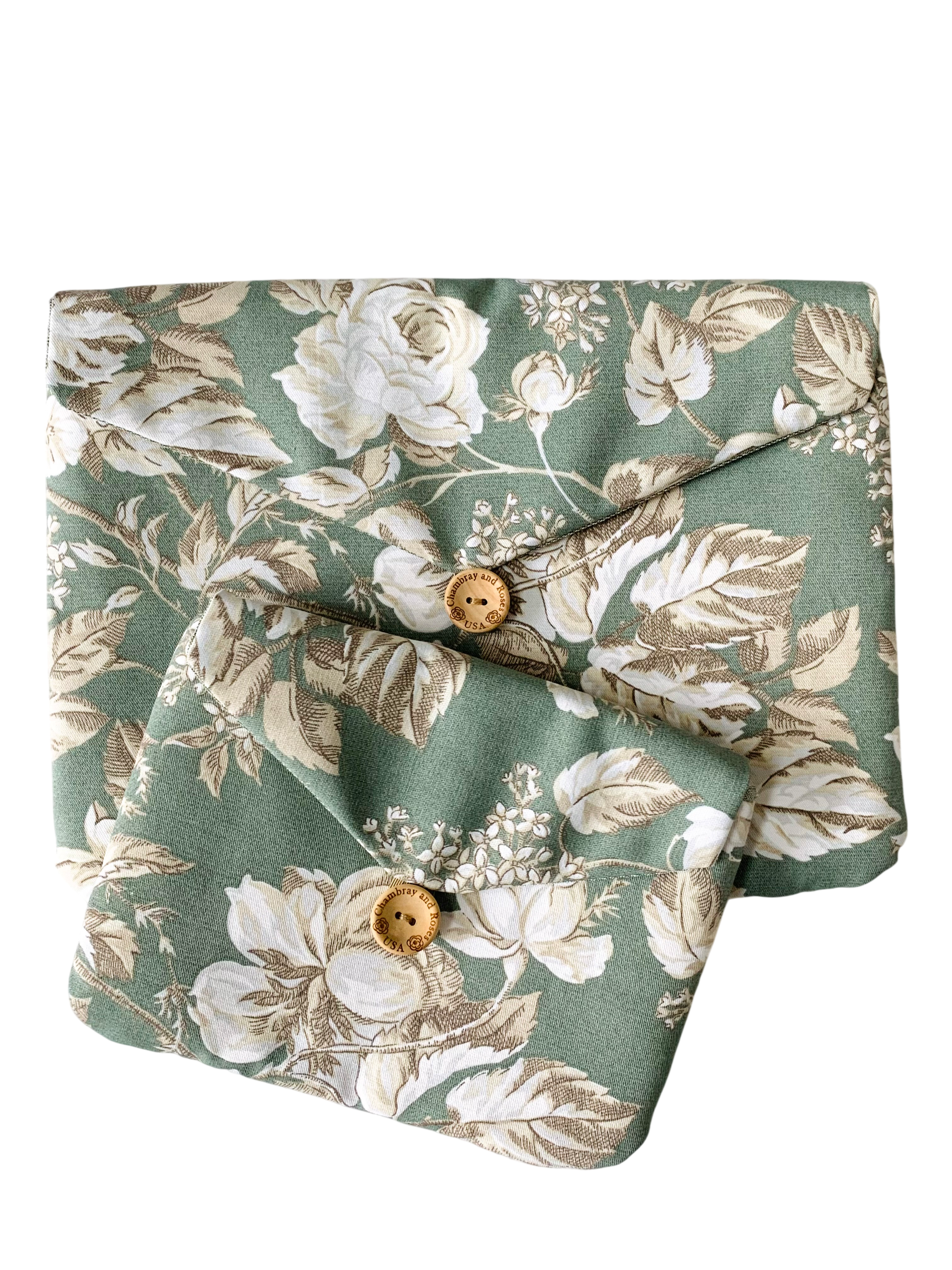 Mother’s Day Gift Set – Sage Green Floral Travel Pouches, Handmade iPad & iPhone Case Bundle, Chambray And Roses