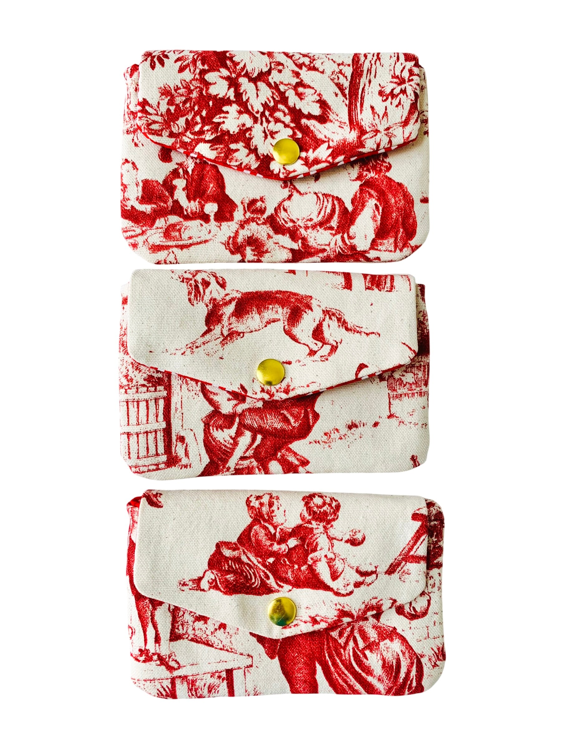 Red Toile de Jouy Jewelry Pouch, Made in France Fabric, Handmade Coin Purse, French Jewelry Travel Pouch, Card Holder Wallet
