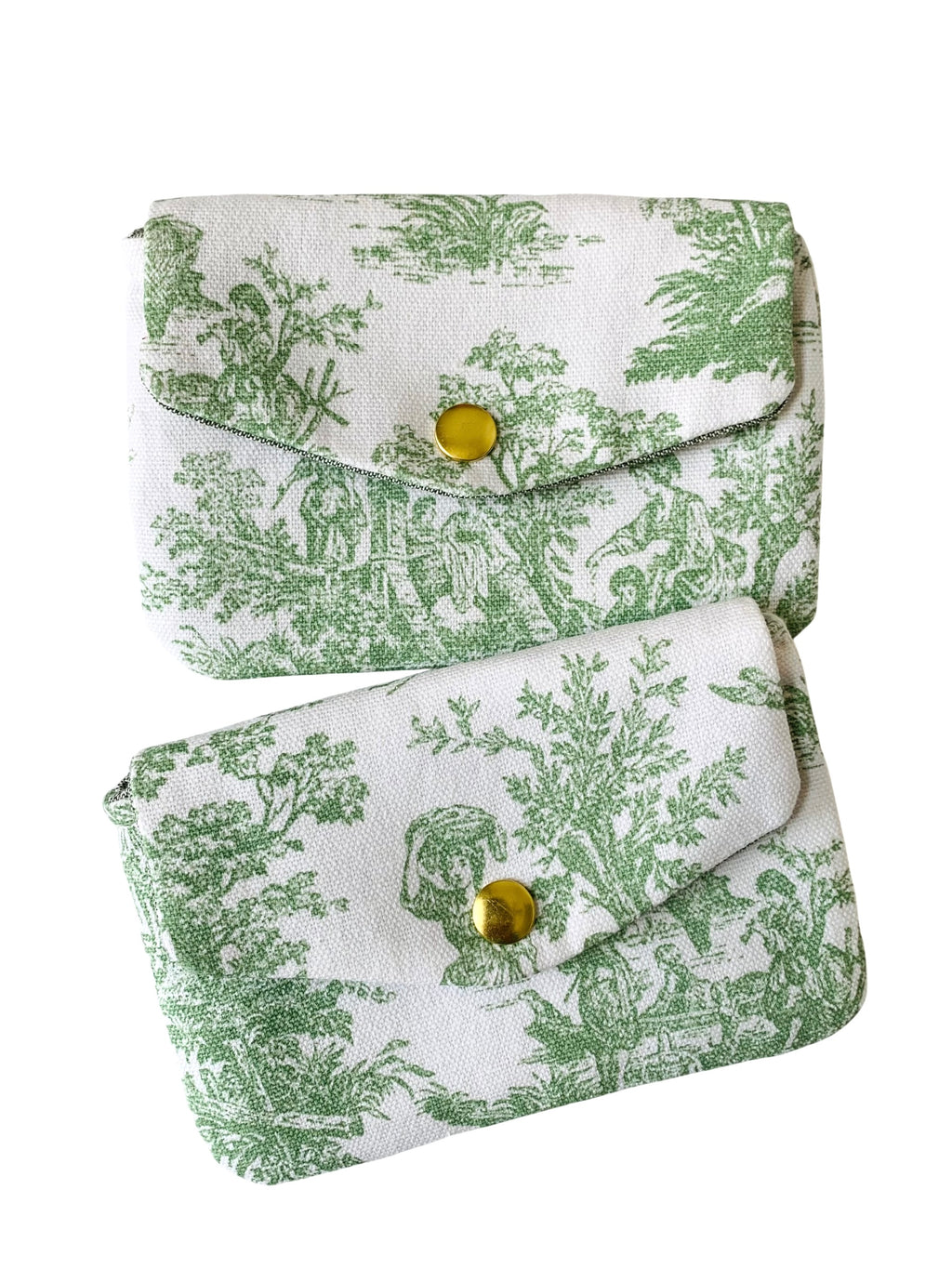 Green Toile de Jouy Jewelry Pouch, Handmade Coin Purse, Card Holder Wallet