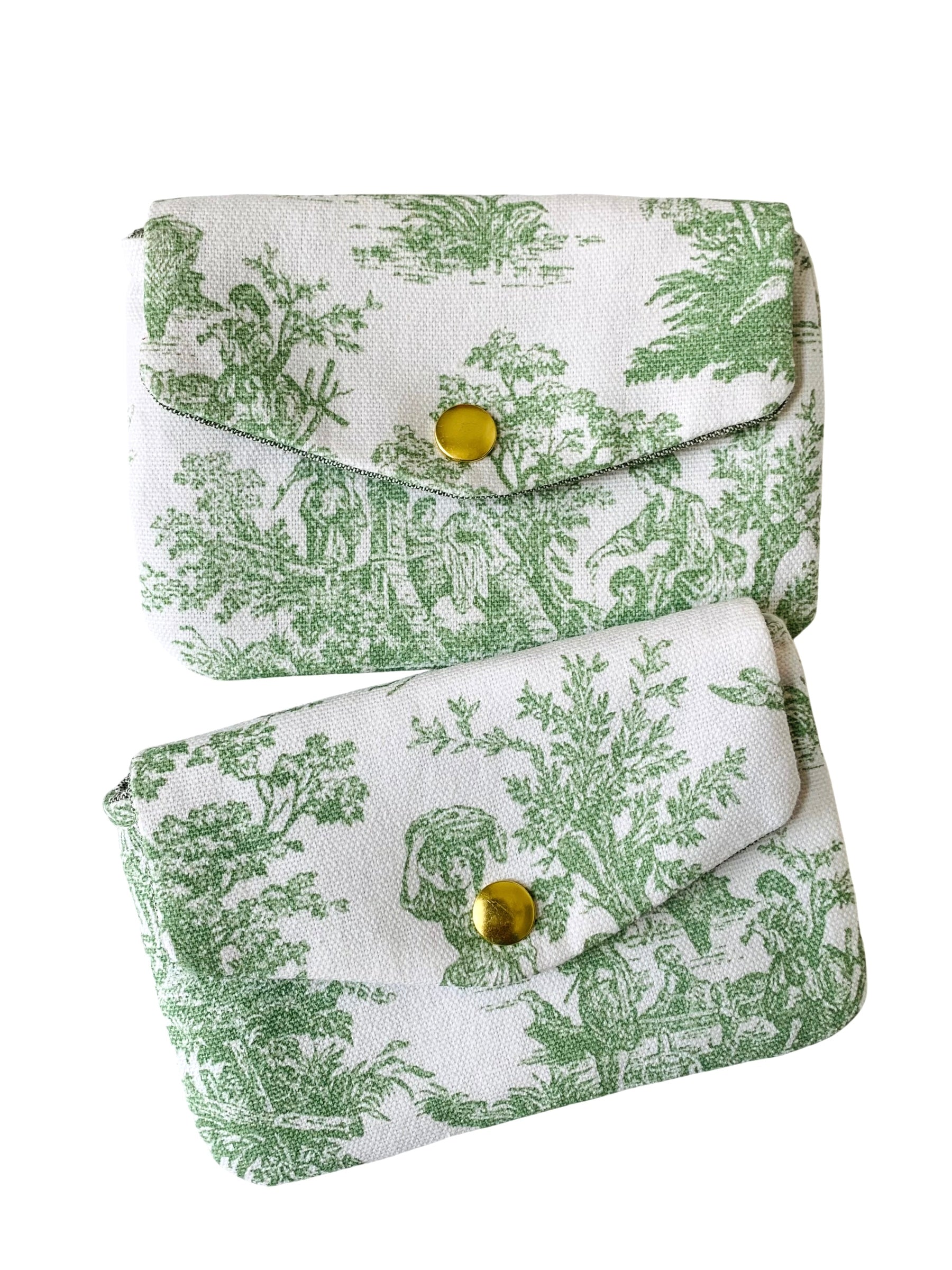 Green Toile de Jouy Jewelry Pouch, Handmade Coin Purse, Card Holder Wallet