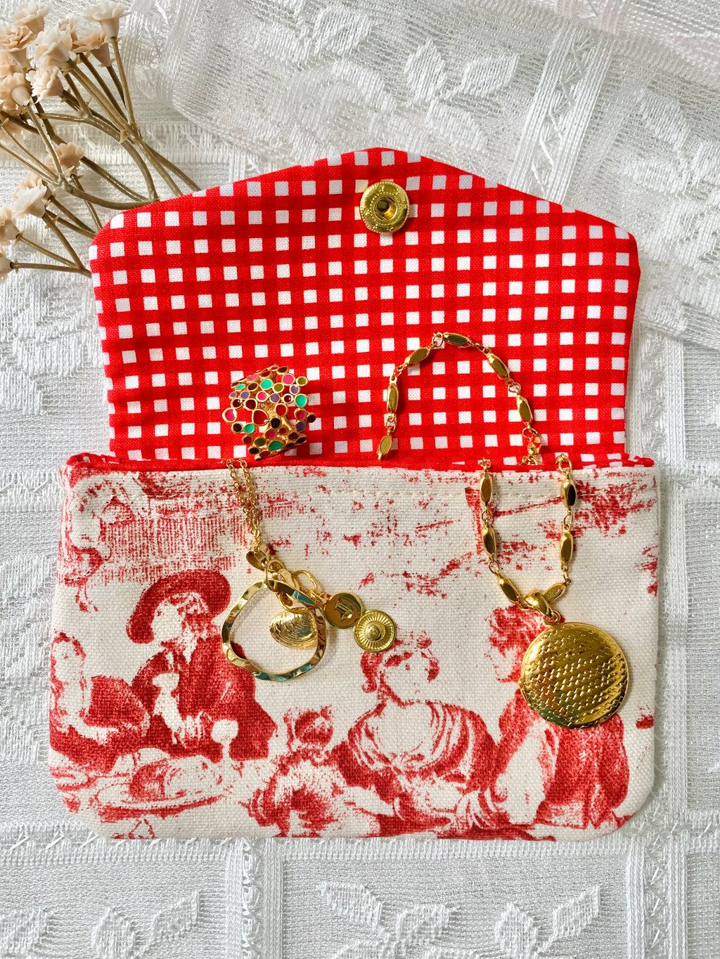 Red Toile de Jouy Jewelry Pouch, Made in France Fabric, Handmade Coin Purse, French Jewelry Travel Pouch, Card Holder Wallet