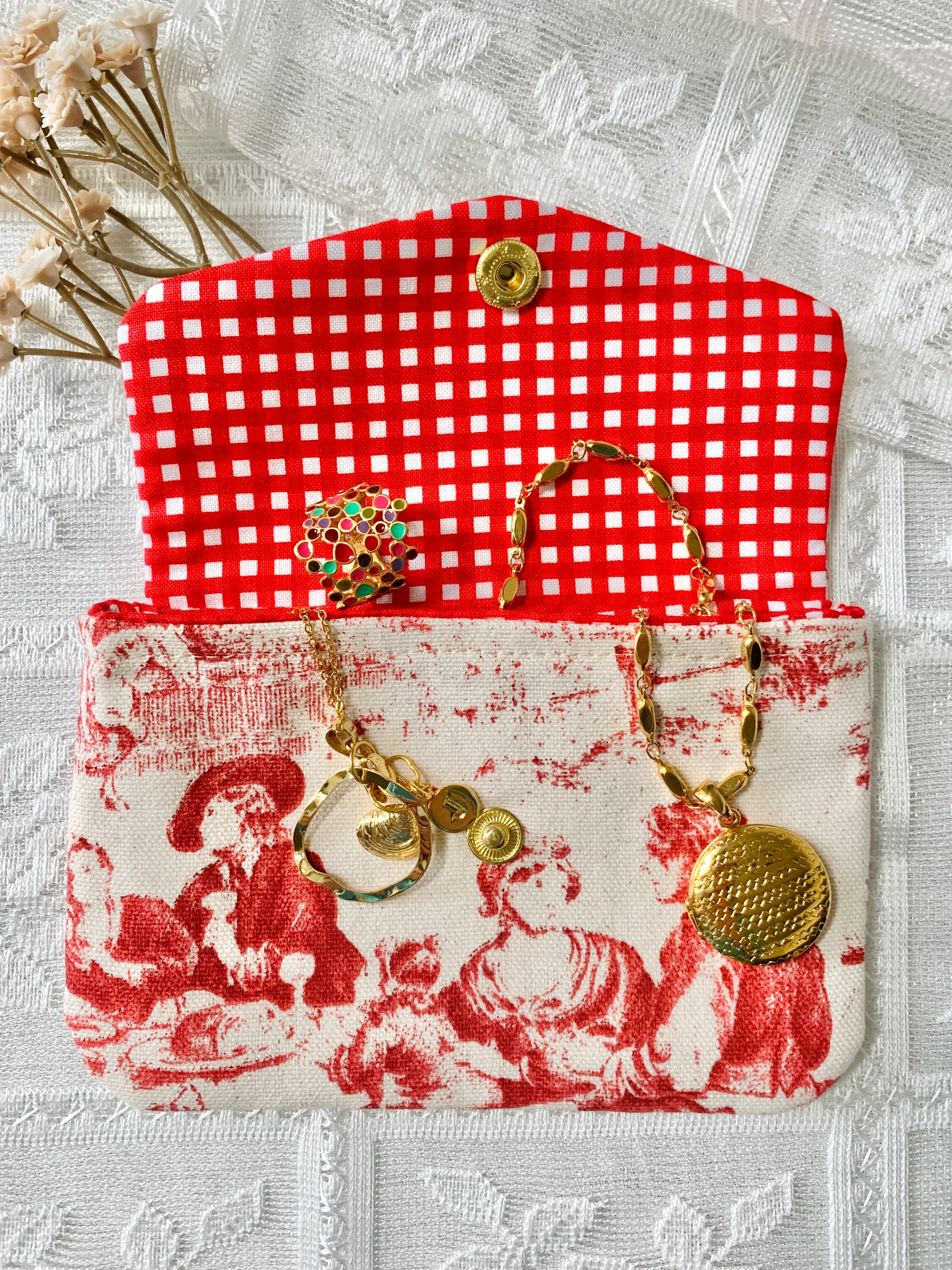 Red Toile de Jouy Jewelry Pouch, Made in France Fabric, Handmade Coin Purse, French Jewelry Travel Pouch, Card Holder Wallet