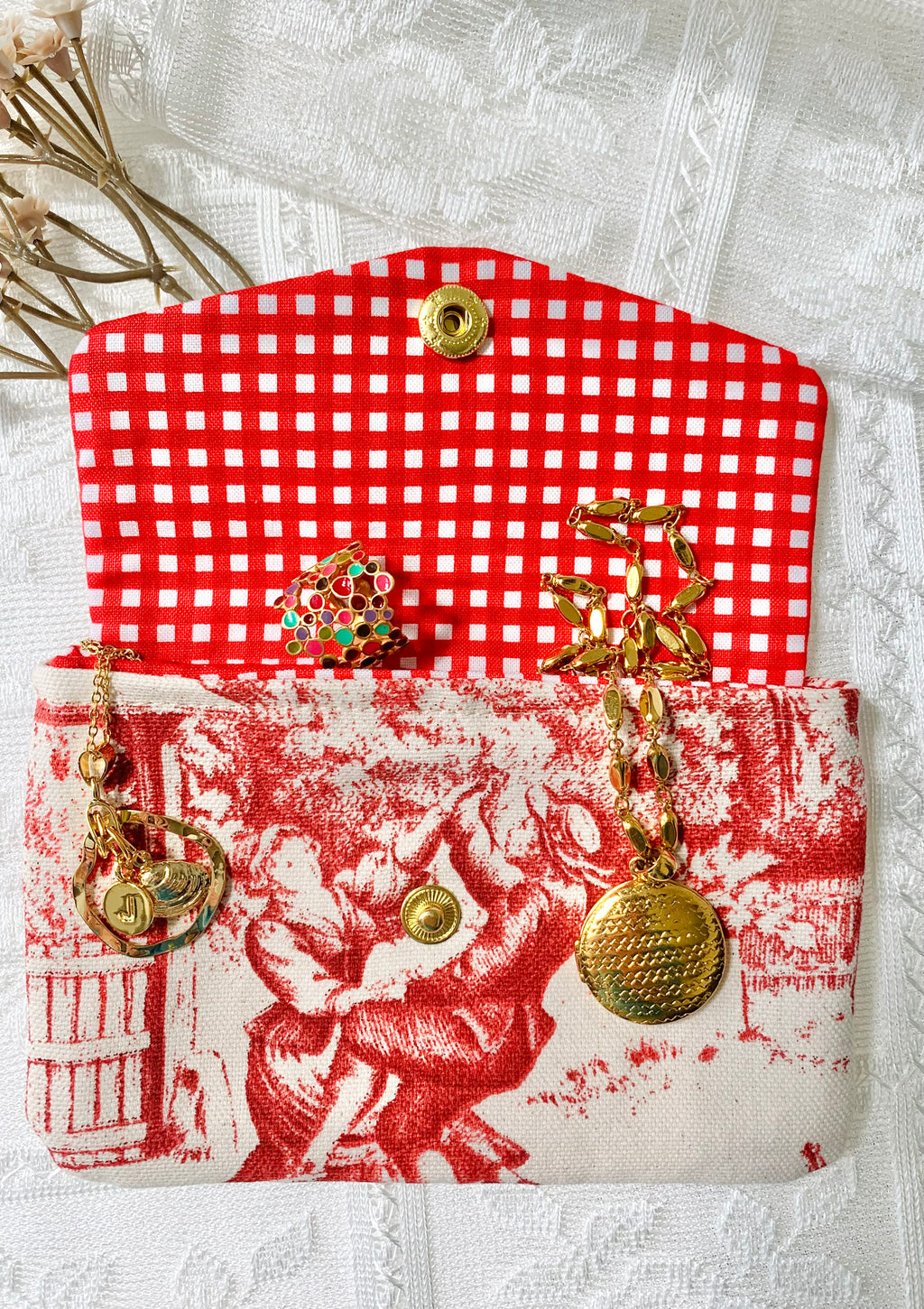 Red Toile de Jouy Jewelry Pouch, Made in France Fabric, Handmade Coin Purse, French Jewelry Travel Pouch, Card Holder Wallet