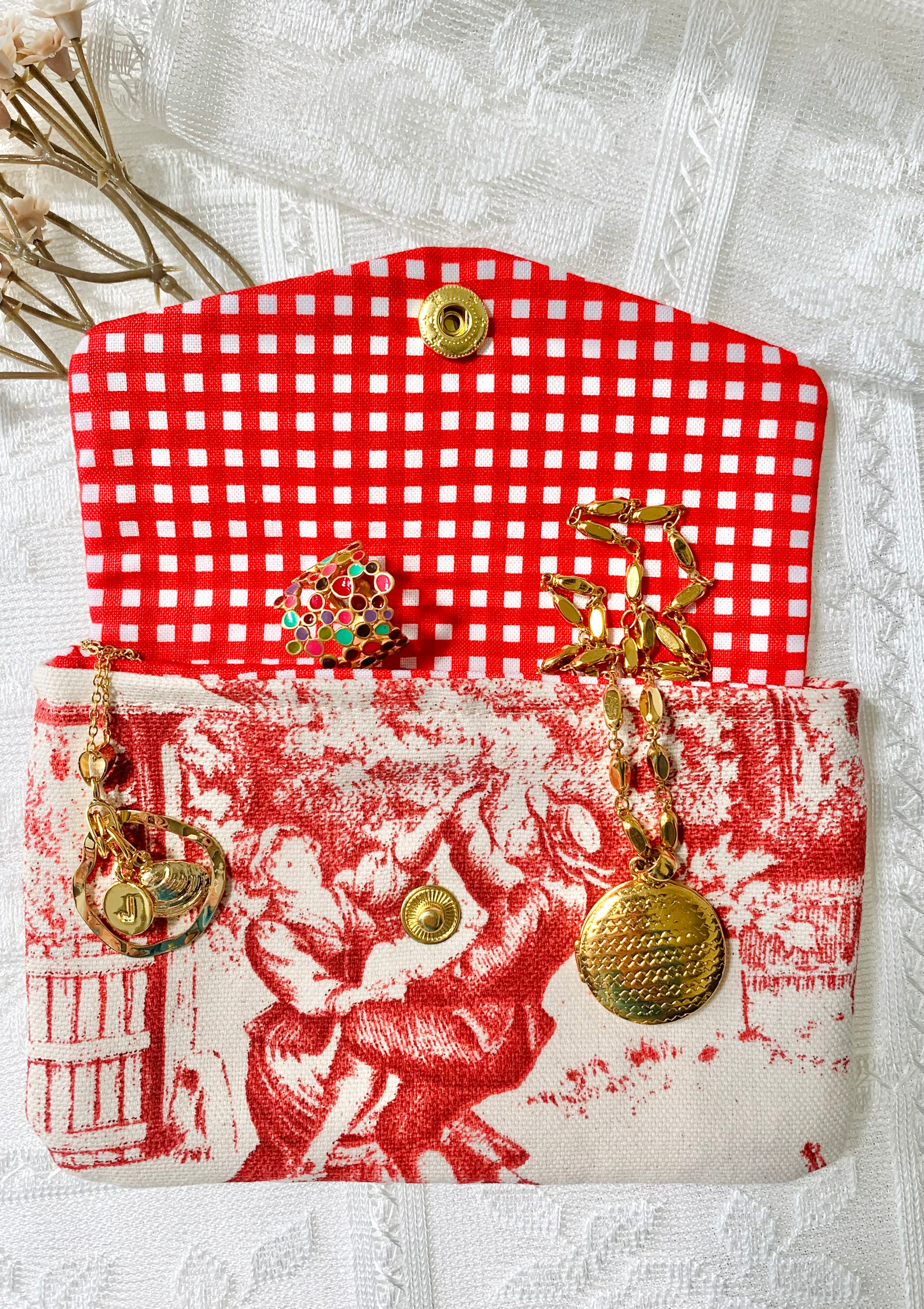 Red Toile de Jouy Jewelry Pouch, Made in France Fabric, Handmade Coin Purse, French Jewelry Travel Pouch, Card Holder Wallet