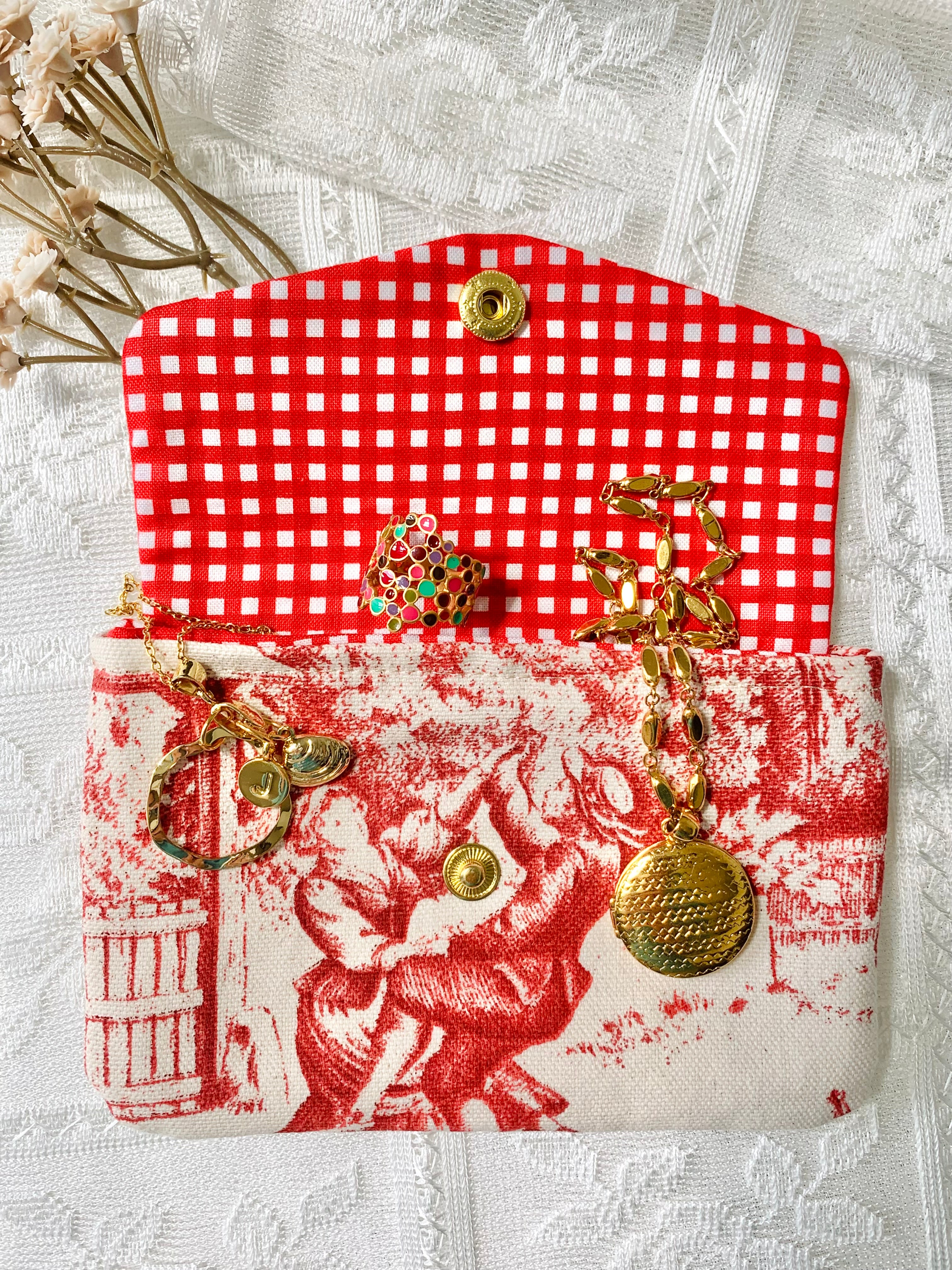Red Toile de Jouy Jewelry Pouch, Made in France Fabric, Handmade Coin Purse, French Jewelry Travel Pouch, Card Holder Wallet