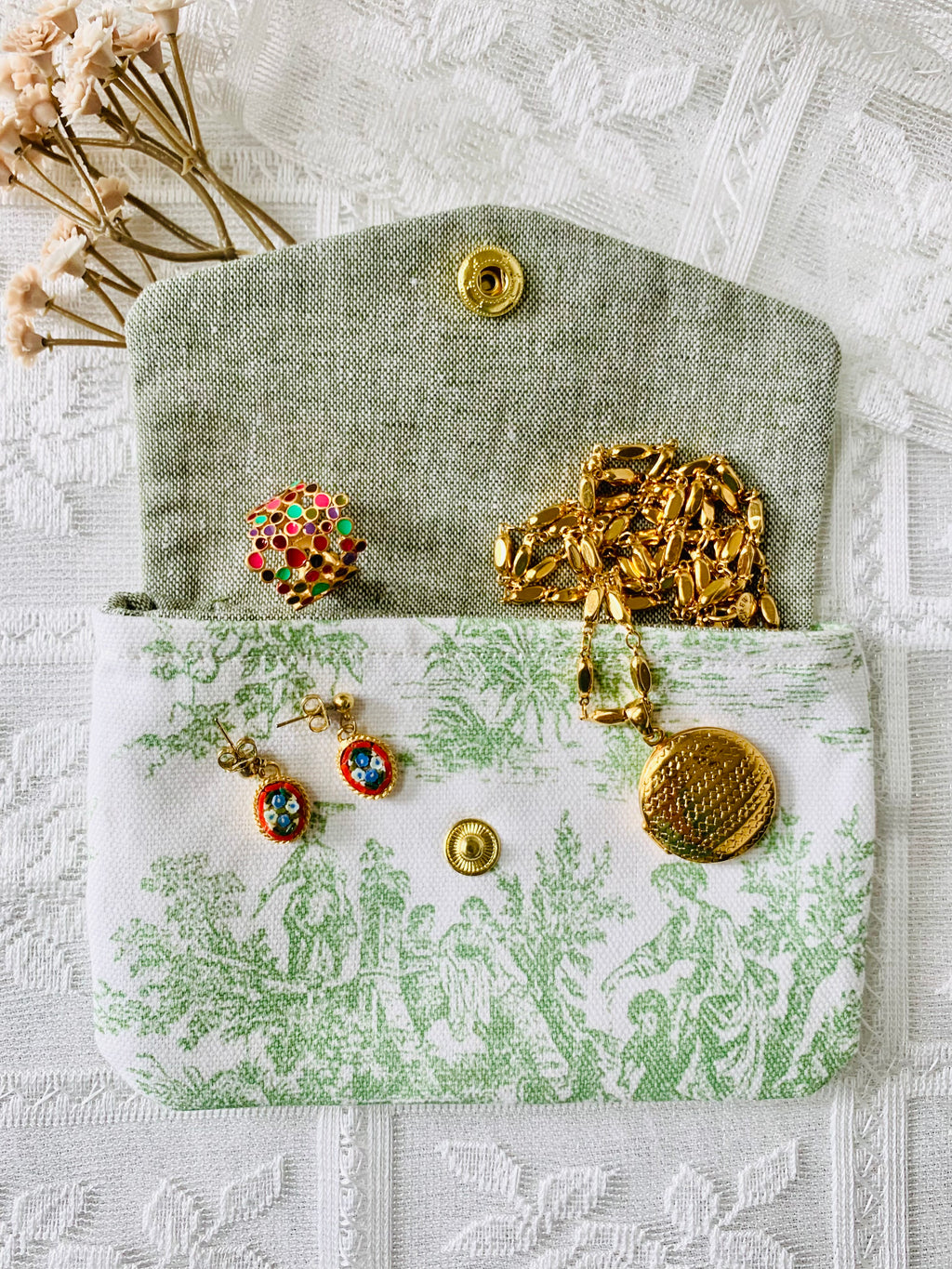 Green Toile de Jouy Jewelry Pouch, Handmade Coin Purse, Card Holder Wallet