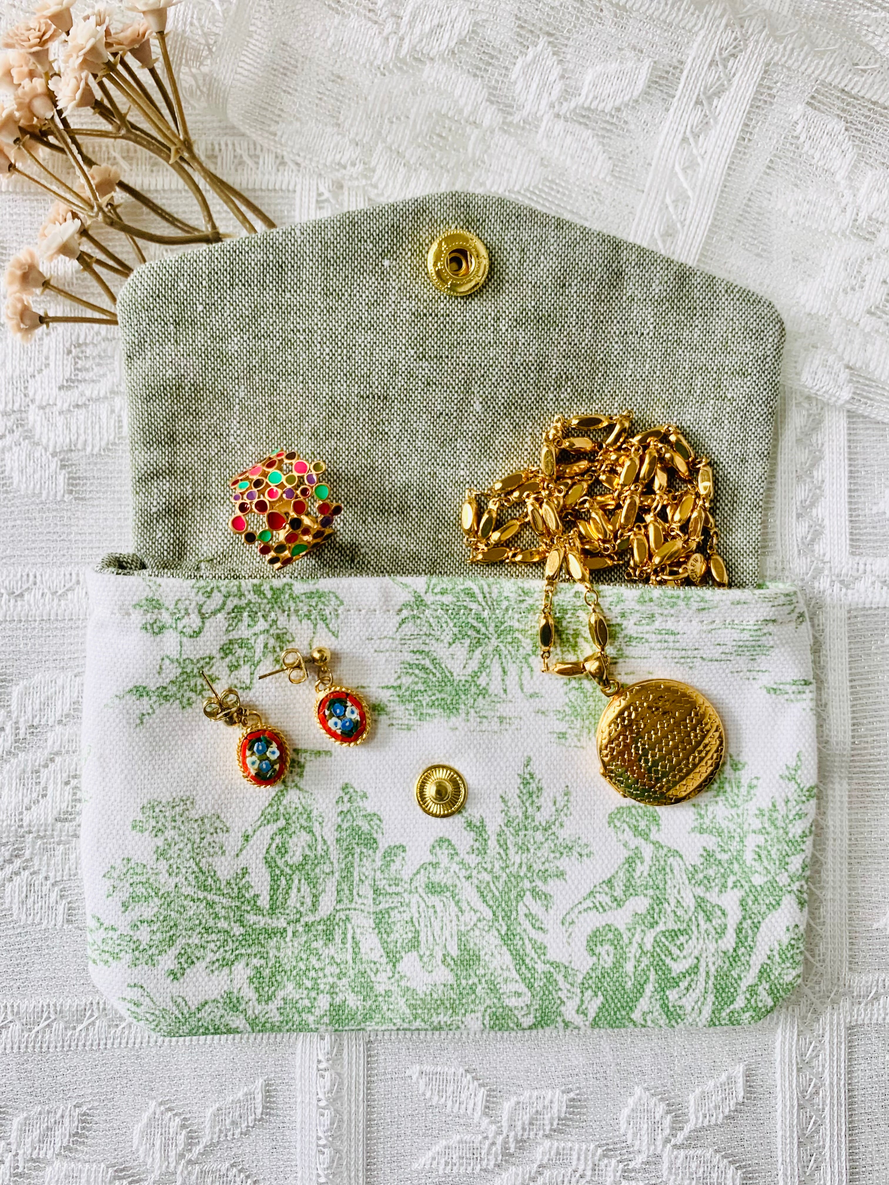 Green Toile de Jouy Jewelry Pouch, Handmade Coin Purse, Card Holder Wallet