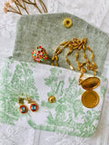 Green Toile de Jouy Jewelry Pouch, Handmade Coin Purse, Card Holder Wallet