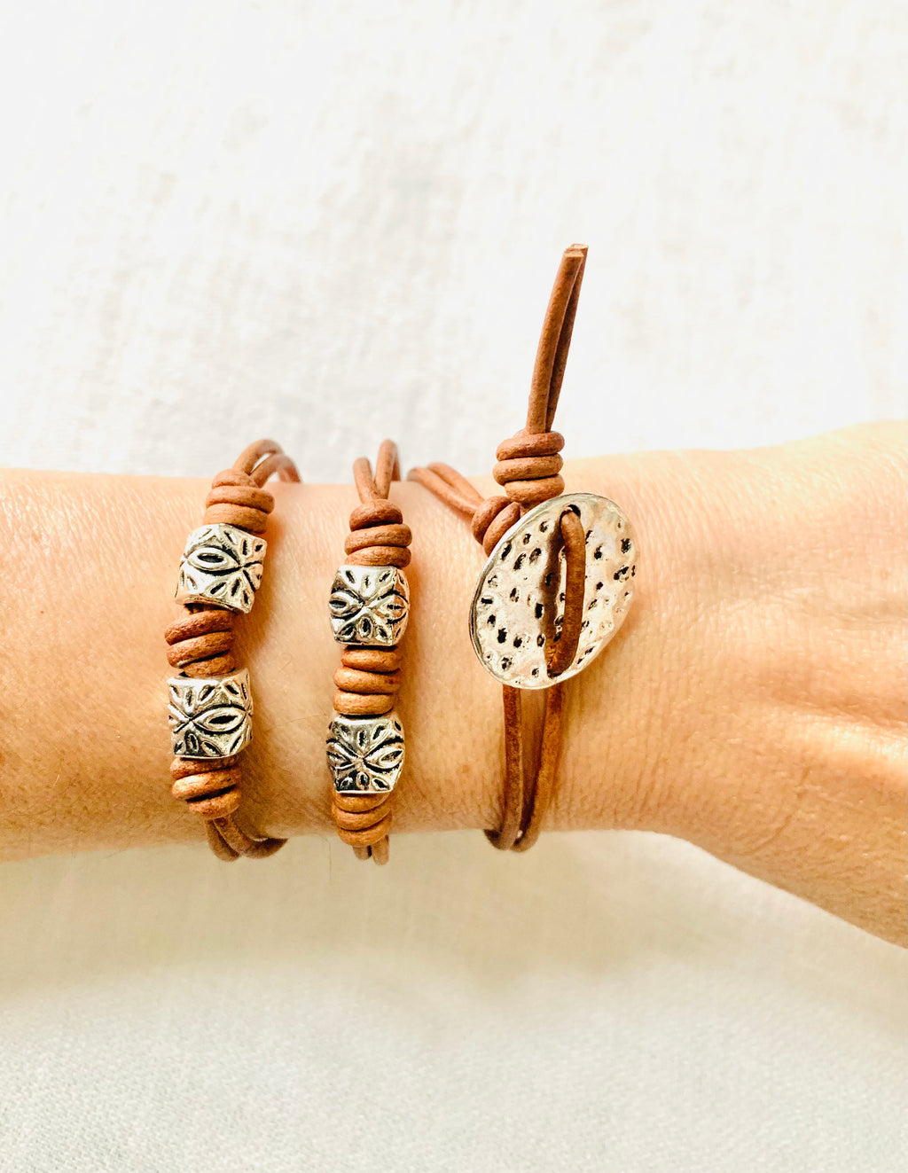 Romanesque No. 7 – Vintage Brown Leather Wrap Bracelet with Hammered Silver Accents, Minimalist Style Leather Bracelet