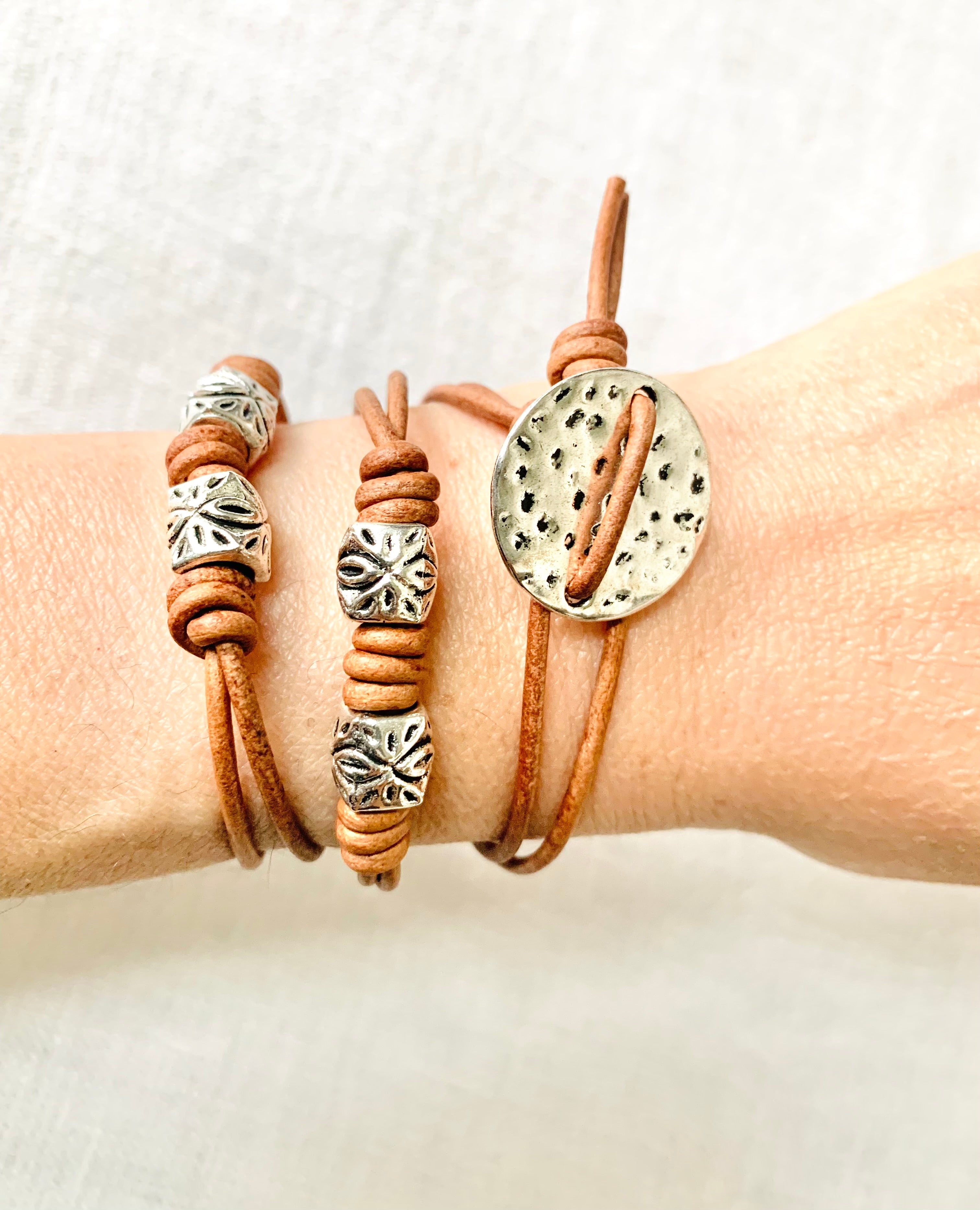 Romanesque No. 7 – Vintage Brown Leather Wrap Bracelet with Hammered Silver Accents, Minimalist Style Leather Bracelet