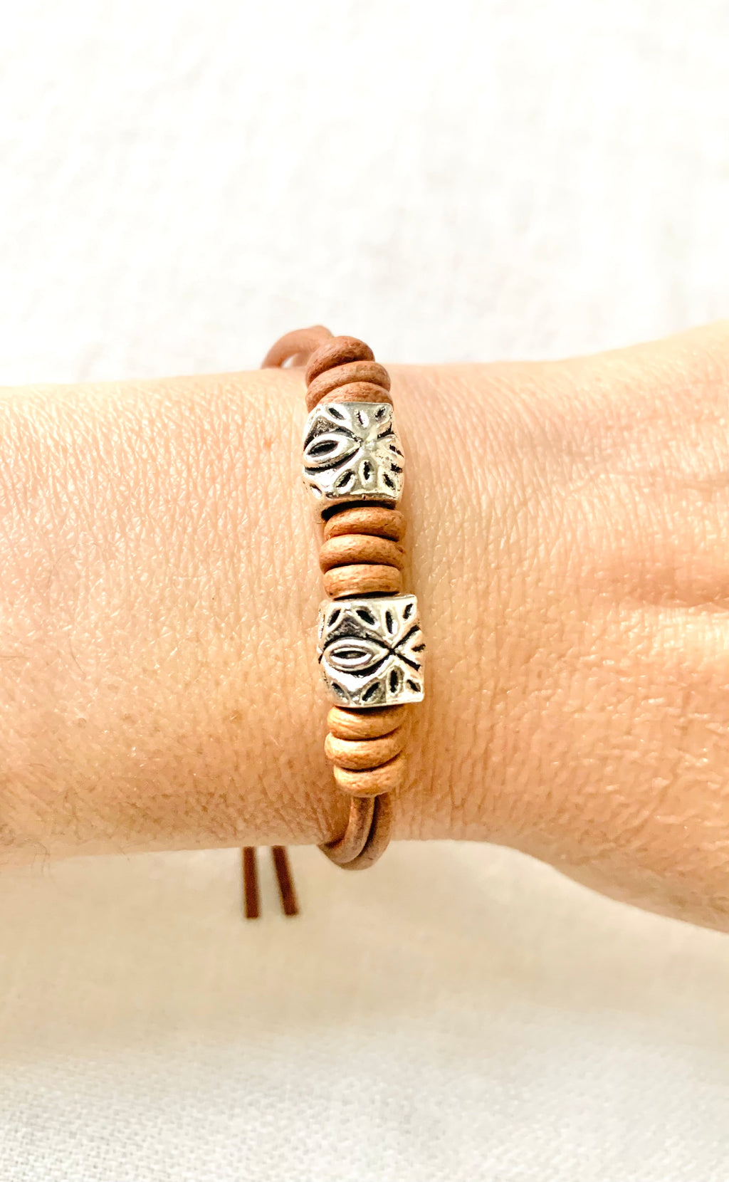 Romanesque No. 7 – Vintage Brown Leather Wrap Bracelet with Hammered Silver Accents, Minimalist Style Leather Bracelet