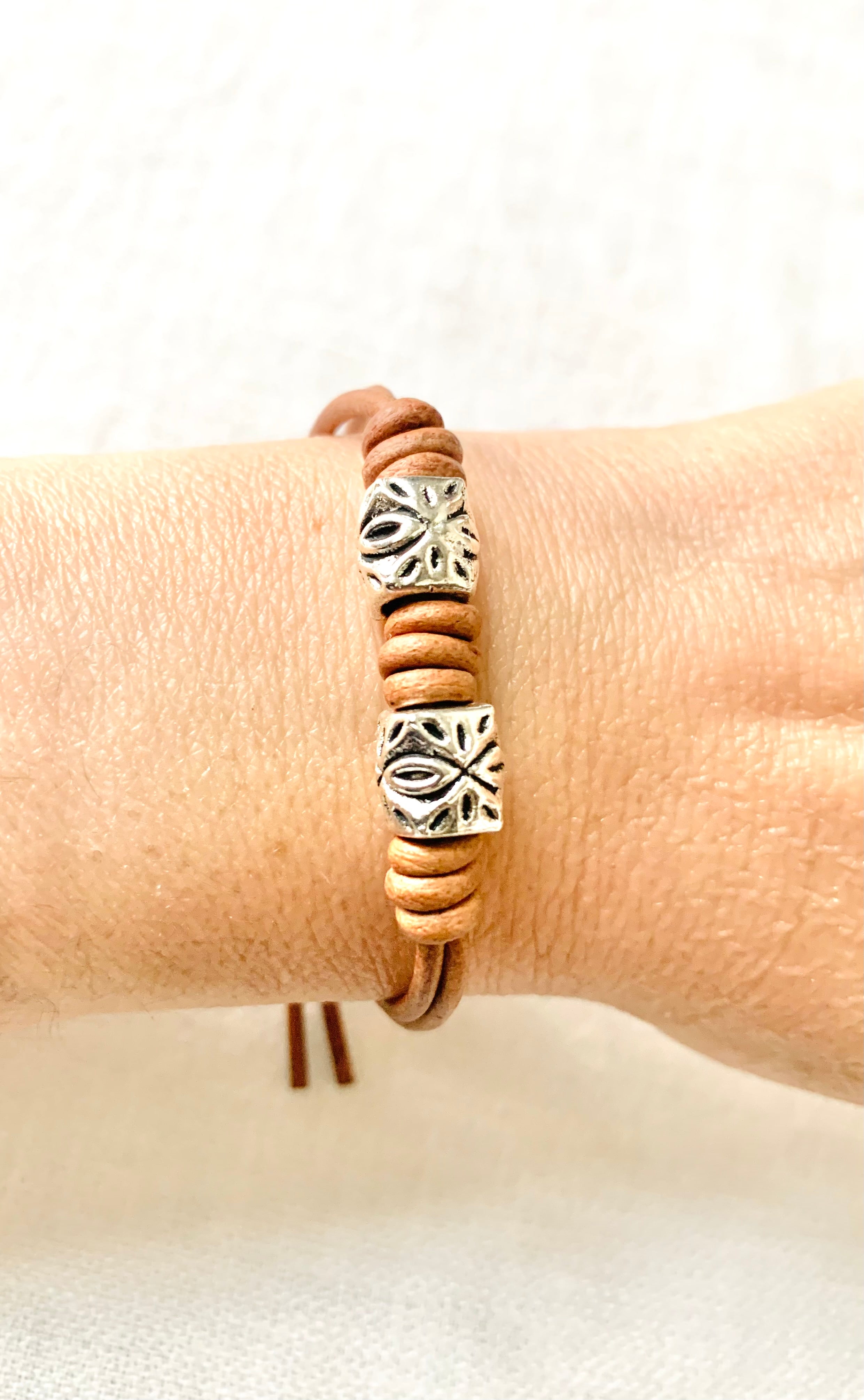 Romanesque No. 7 – Vintage Brown Leather Wrap Bracelet with Hammered Silver Accents, Minimalist Style Leather Bracelet