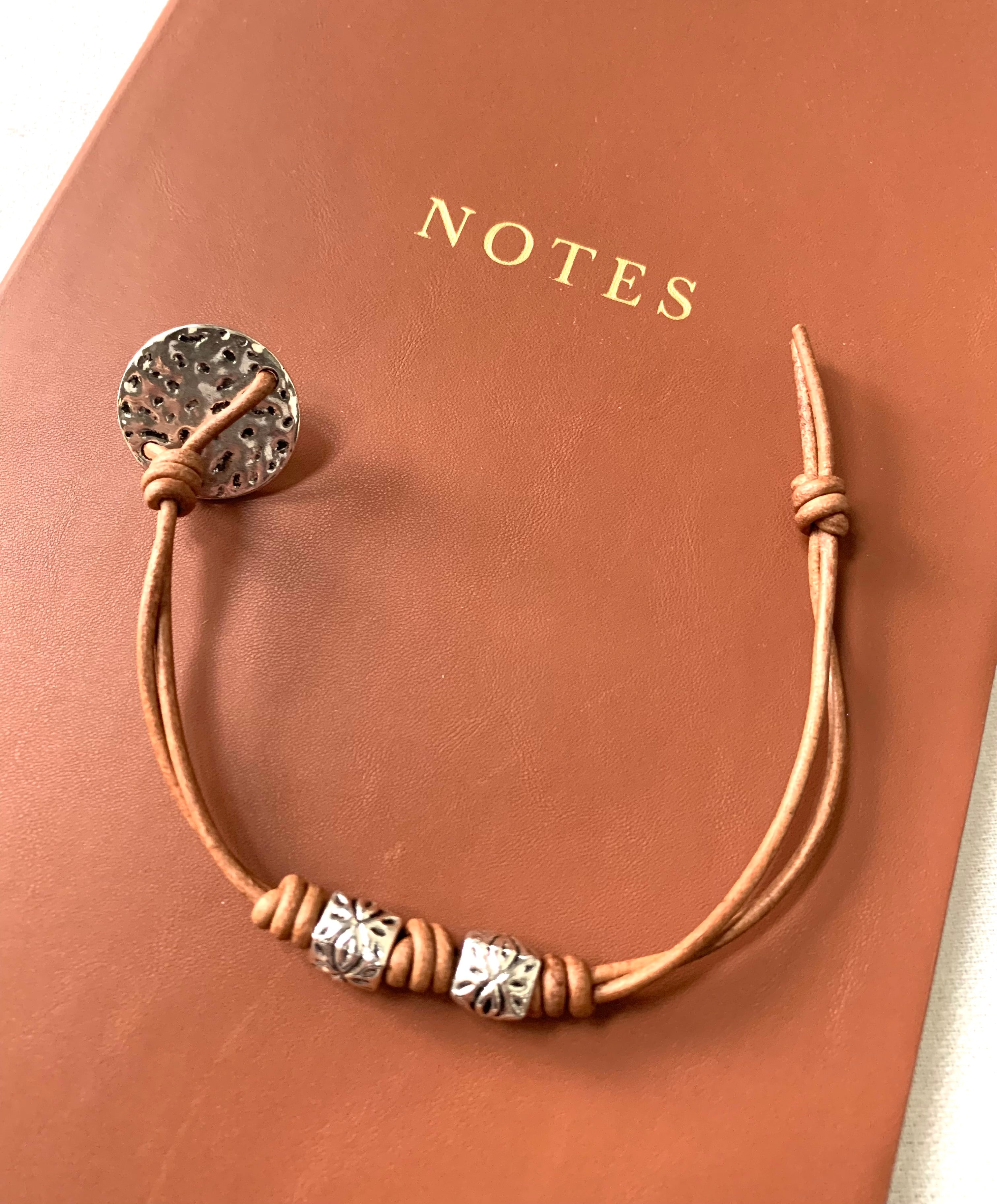 Romanesque No. 7 – Vintage Brown Leather Wrap Bracelet with Hammered Silver Accents, Minimalist Style Leather Bracelet