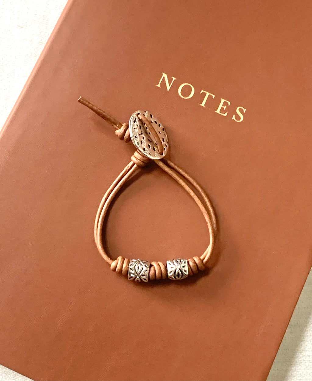 Romanesque No. 7 – Vintage Brown Leather Wrap Bracelet with Hammered Silver Accents, Minimalist Style Leather Bracelet