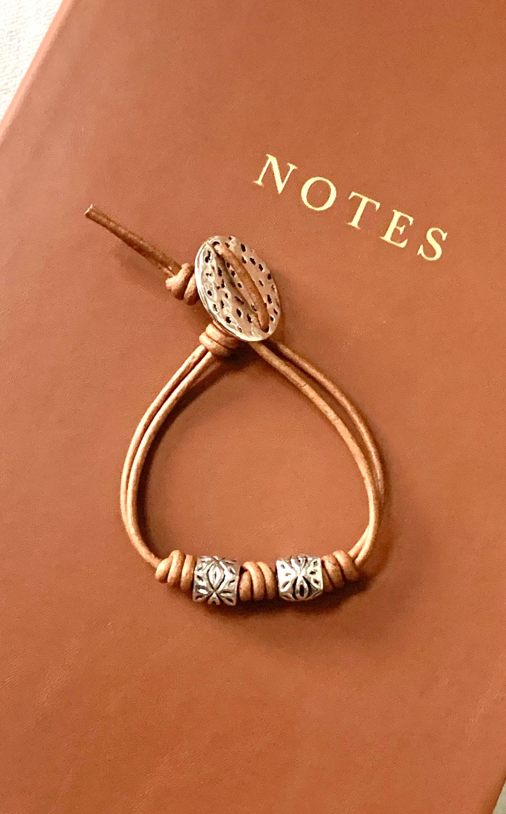Romanesque No. 7 – Vintage Brown Leather Wrap Bracelet with Hammered Silver Accents, Minimalist Style Leather Bracelet