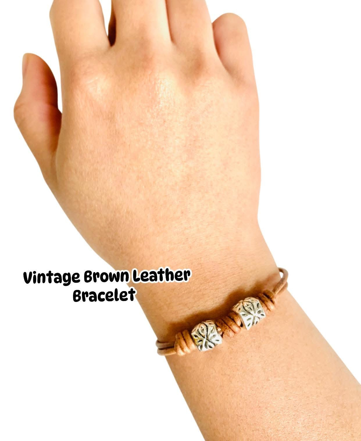 Romanesque No. 7 – Vintage Brown Leather Wrap Bracelet with Hammered Silver Accents, Minimalist Style Leather Bracelet
