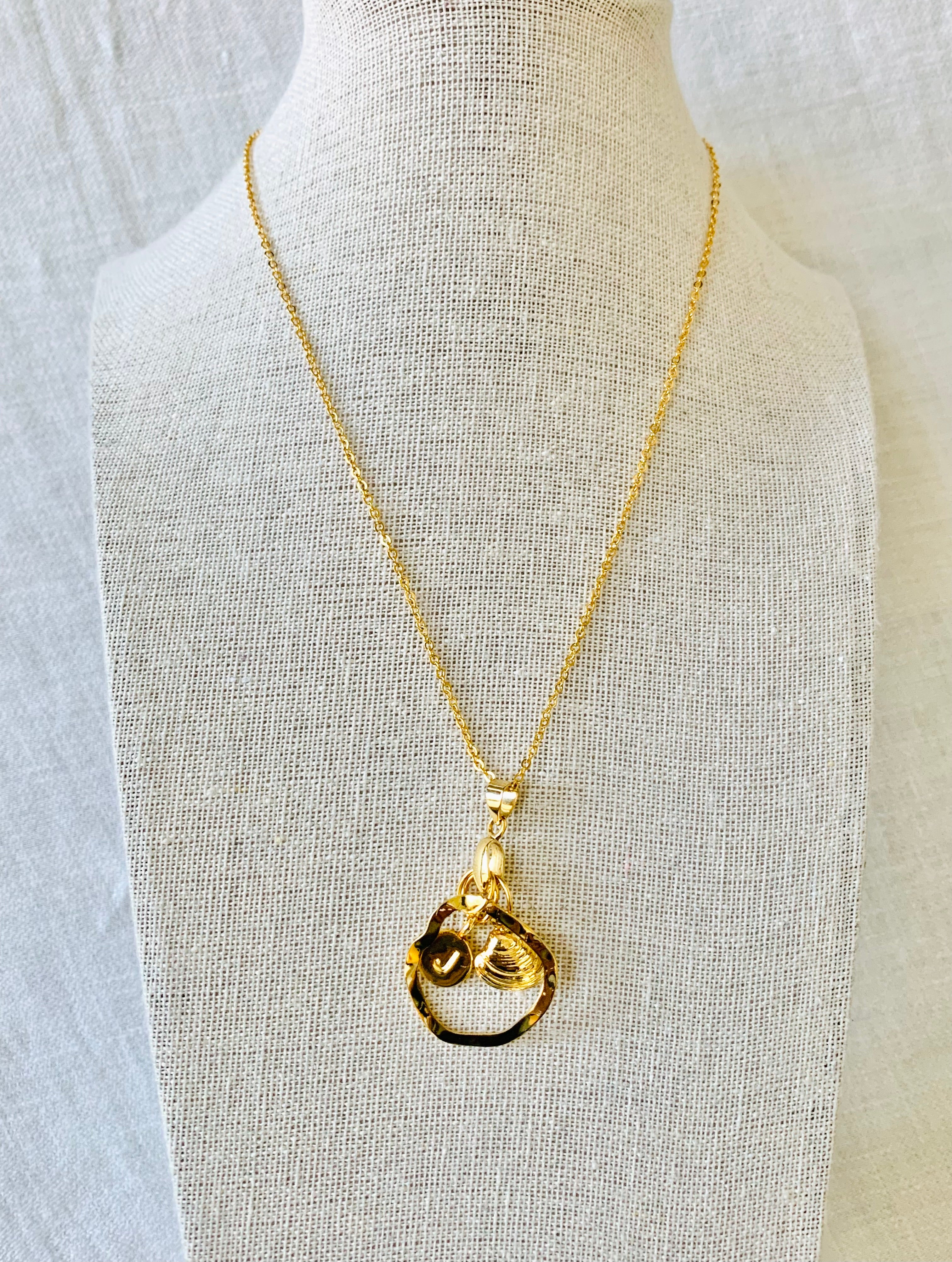 24K Gold Plated Coastal Wave Necklace with Initial & Clam Shell Charms