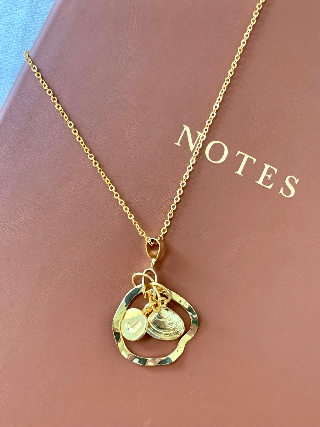 24K Gold Plated Coastal Wave Necklace with Initial & Clam Shell Charms