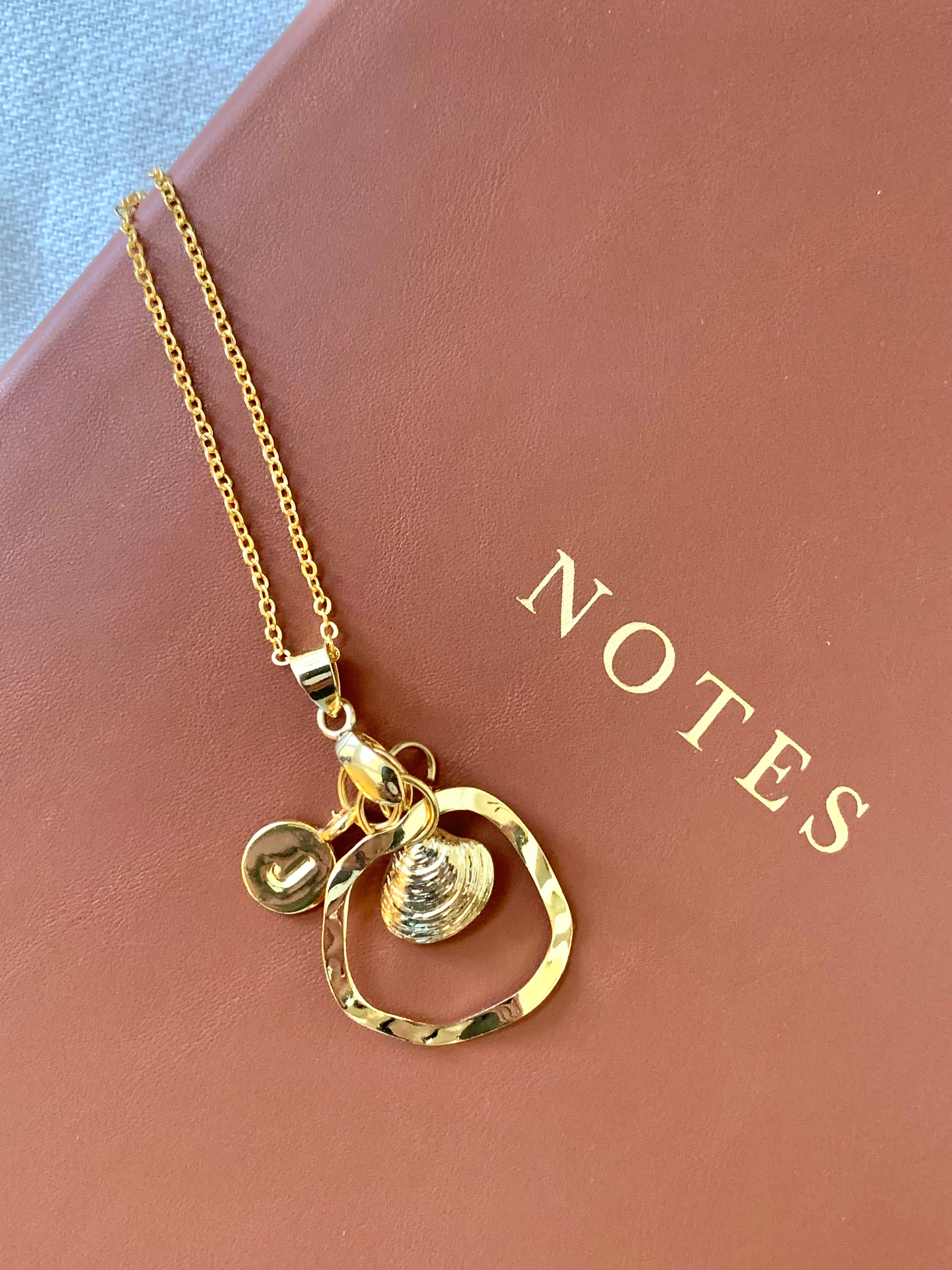 24K Gold Plated Coastal Wave Necklace with Initial & Clam Shell Charms