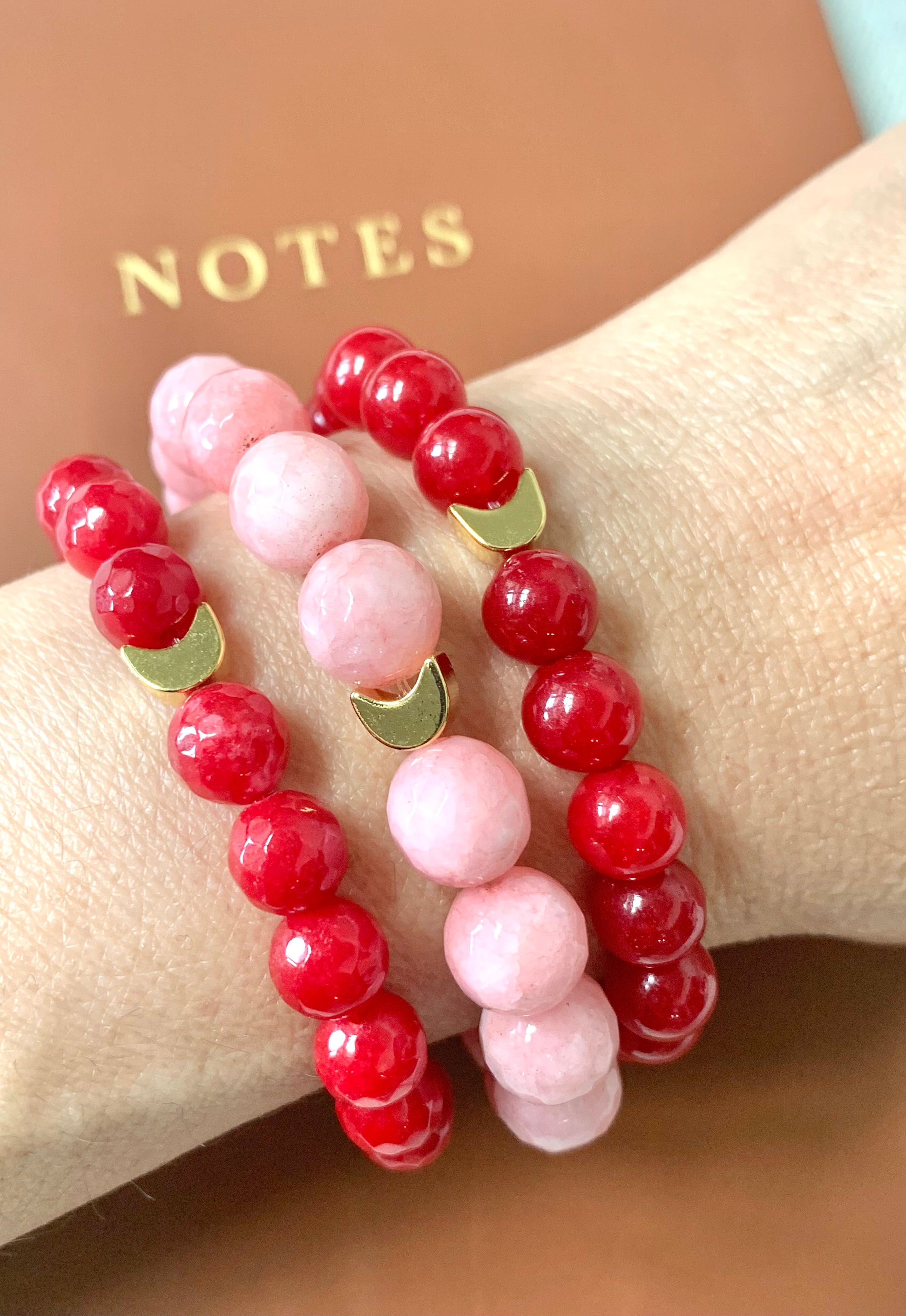 Semiprecious Pink Jade Bracelet - Celestial Bracelet with 24K Gold Moon - Exclusive Design - Handmade