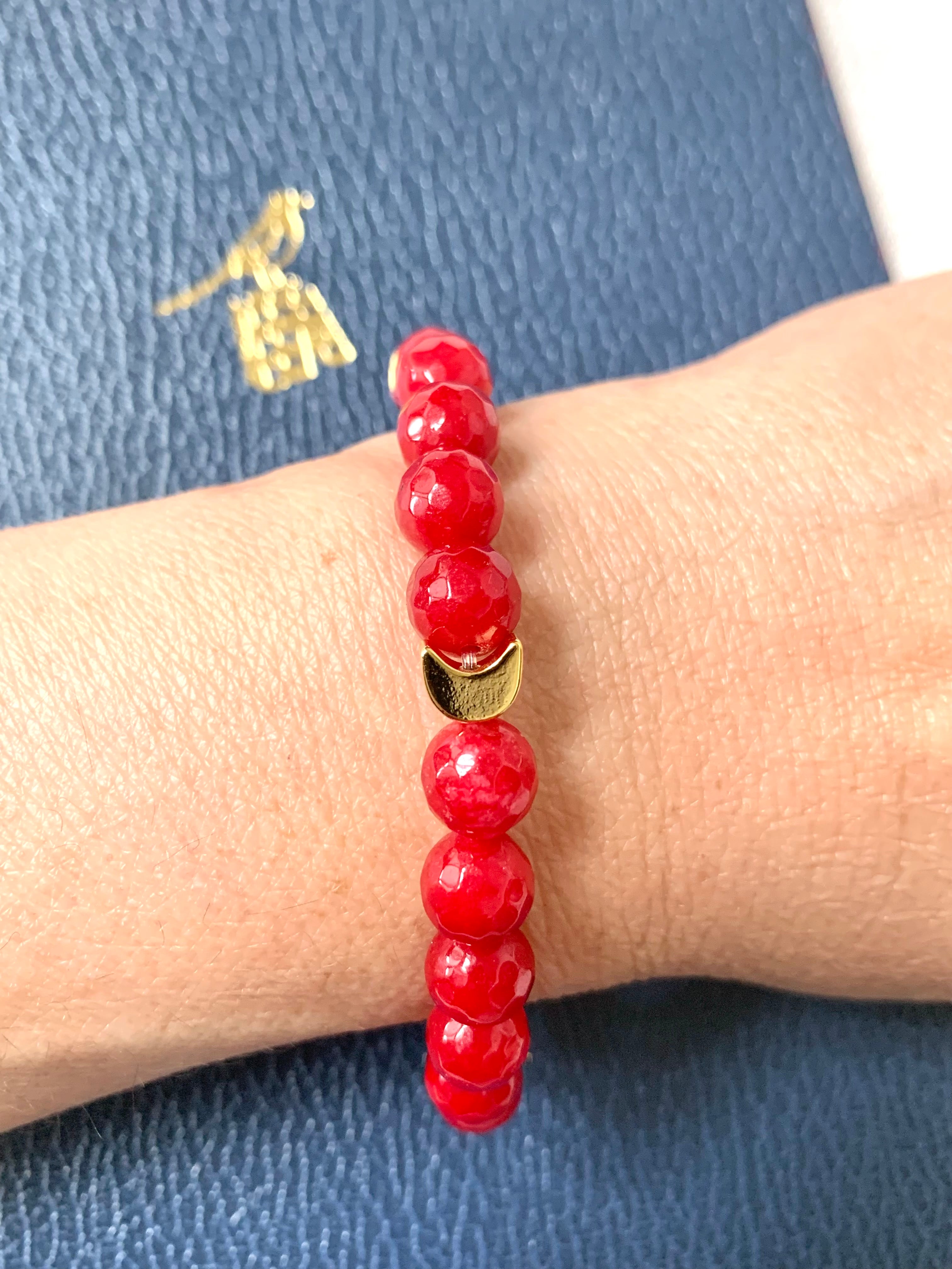 Semiprecious Red Jade Bracelet - Celestial Bracelet with 24K Gold Moon - Exclusive Design - Handmade