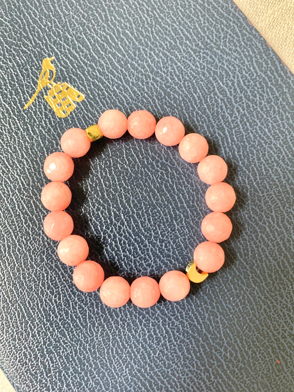 Semiprecious Pink Jade Bracelet - Celestial Bracelet with 24K Gold Moon - Exclusive Design - Handmade