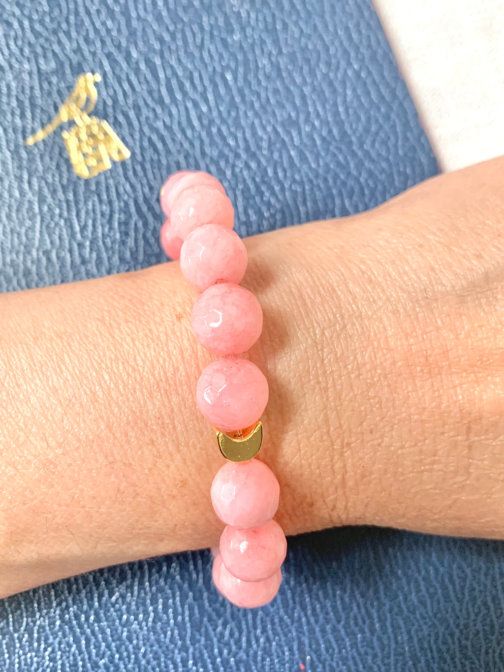 Semiprecious Pink Jade Bracelet - Celestial Bracelet with 24K Gold Moon - Exclusive Design - Handmade